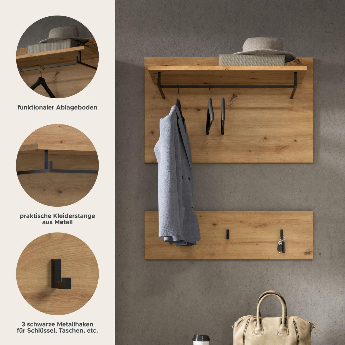 GARDEROBENPANEEL Nova Garderobe in Basalt grau Nb. und Artisan Nb. B/H/T: 80x73x27 cm - Eiche Artisan, Holzwerkstoff (80/73/27cm) - Homes & Jones