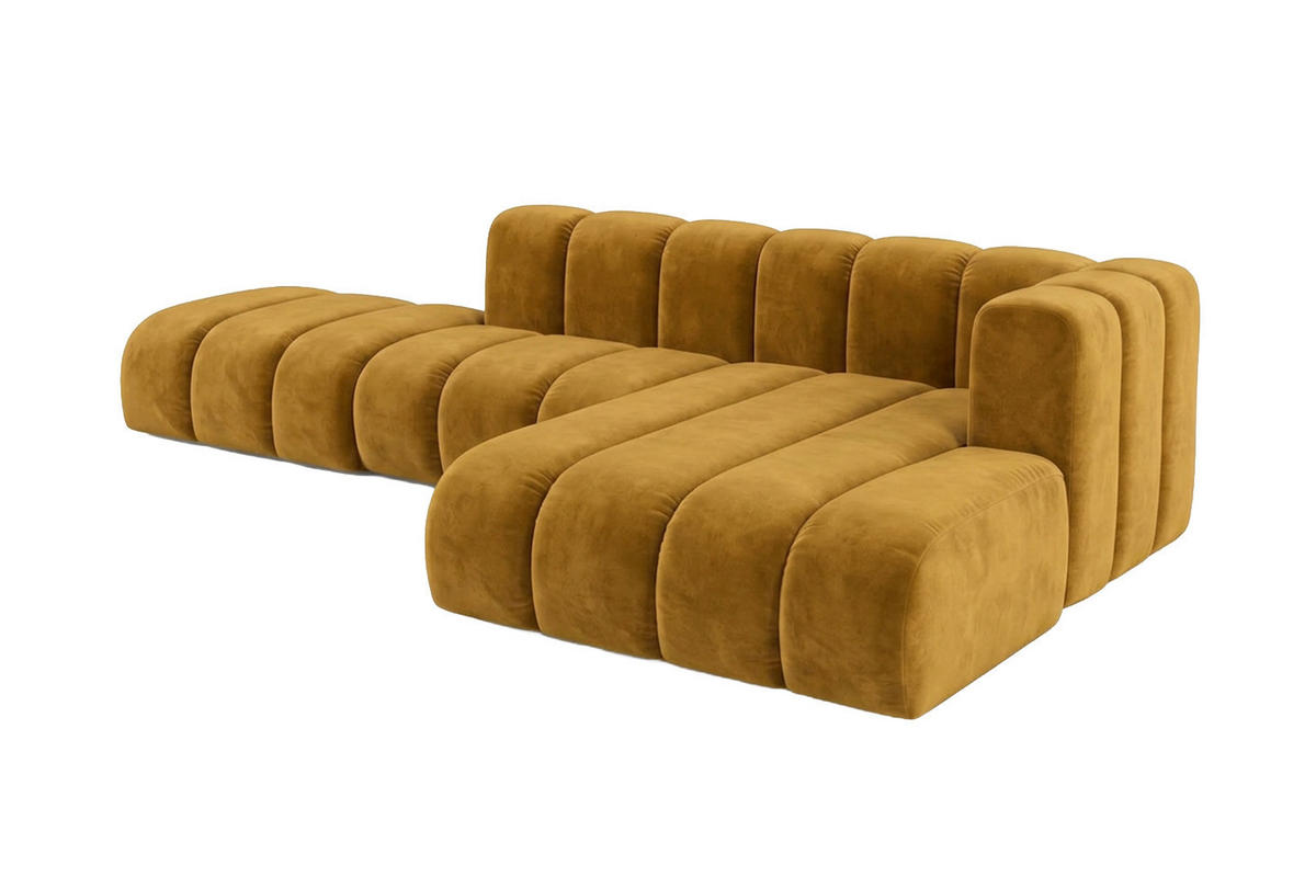 ECKSOFA Modulares In L-Form Mit Hocker, Velvet-Stoff Riviera, Senffarbe, Rechts, GRAND Mini - Gelb, Holz (295/179cm) - Kaiser Möbel