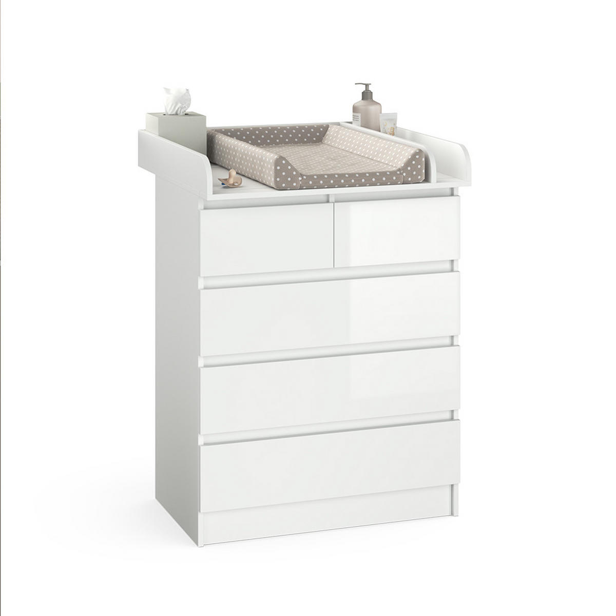 KOMODA ZA PRESVLAČENJE Emma Bijelo/Bijelo Sjajna 80 x 110.2 cm s 5 ladica - bijela/bijela visoki sjaj, drvni materijal (80/110.2/76cm) - Vicco
