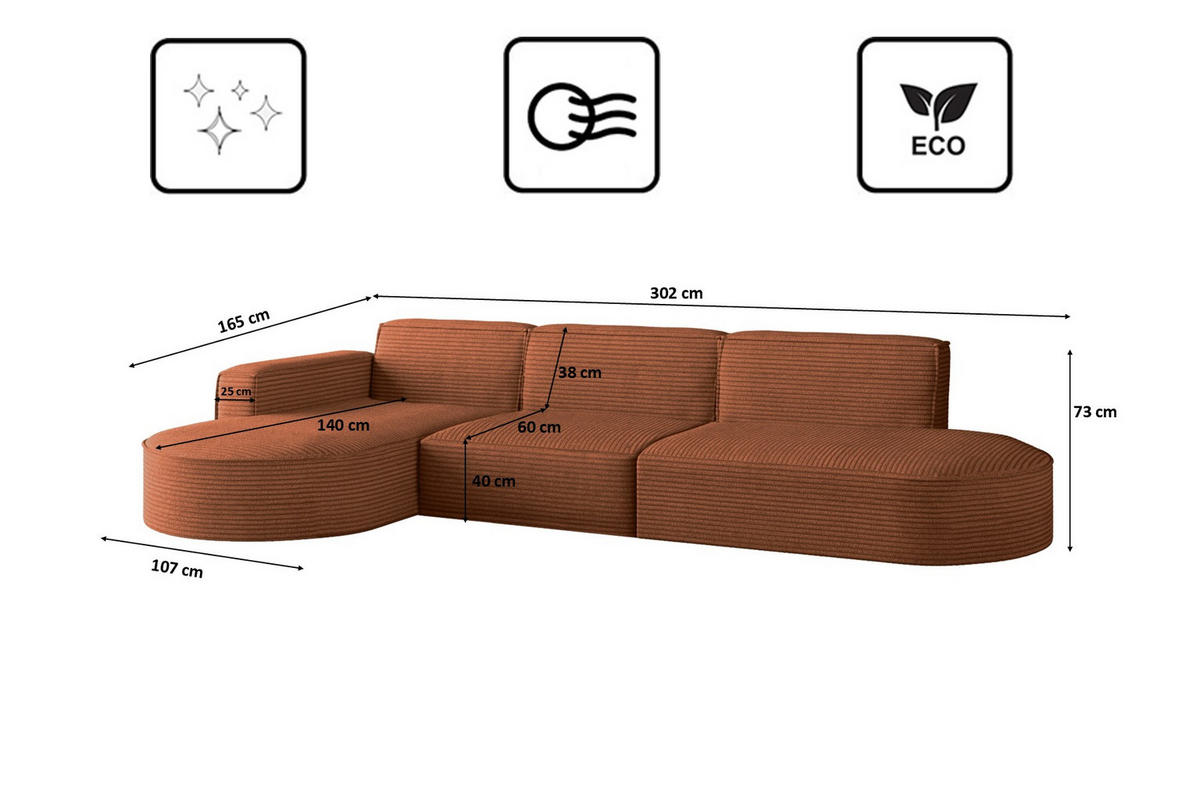 ECKSOFA Designer, Sofa L form MODENA 302 cm stoff Poso Ziegel Links - Orange, Holz (302/296cm) - Kaiser Möbel