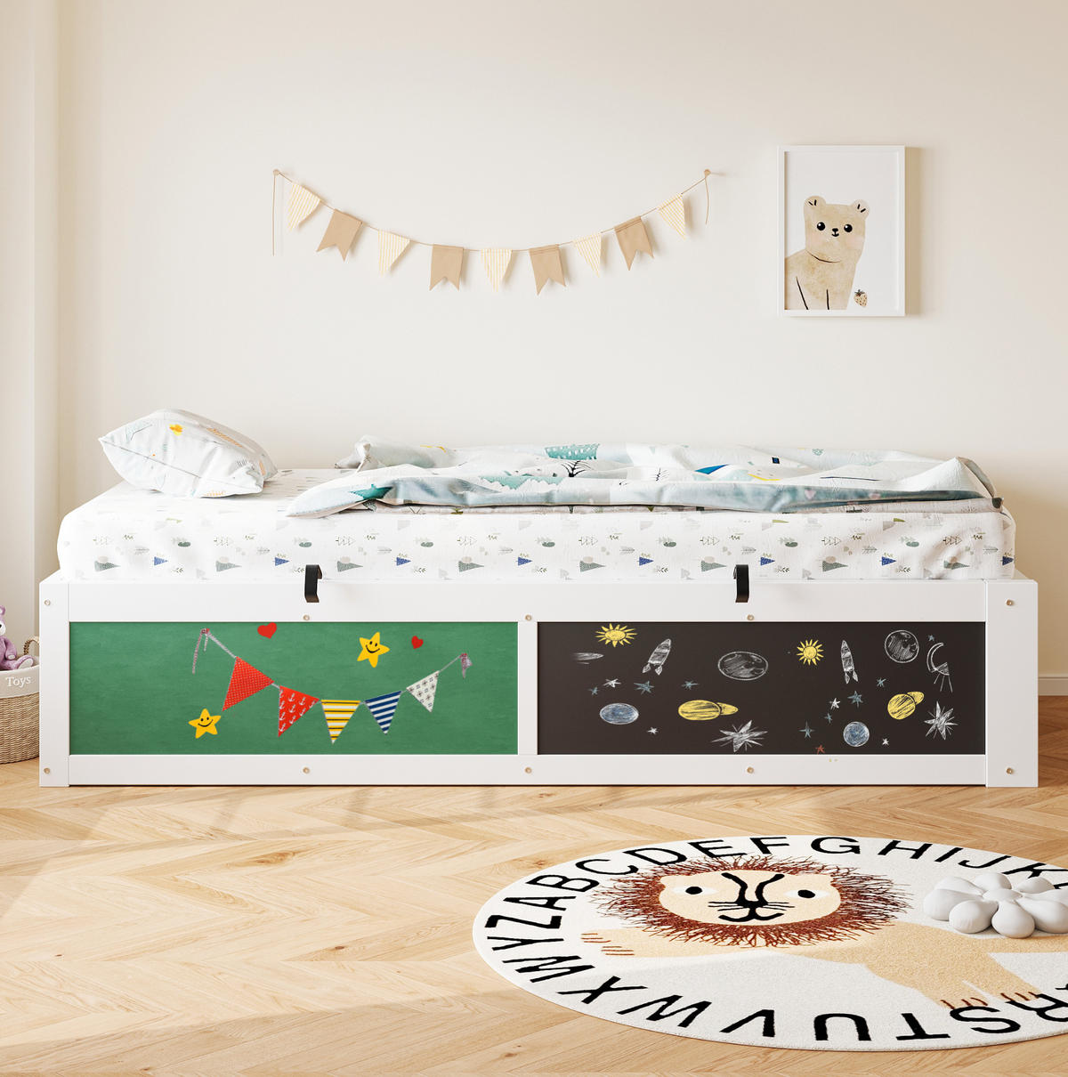 KINDERBETT 90/200 cm aus Holz mit hydraulischem Stauraum und Kreide- und Filztafel Weiß - Weiß, Holzwerkstoff (90/200cm) - Modenvie