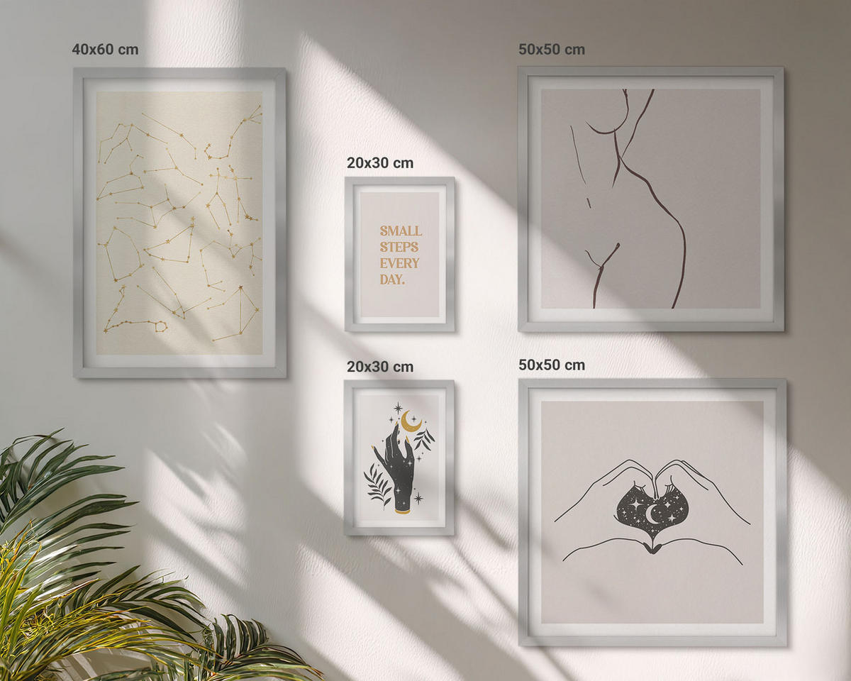 WANDBILDER 5er Set - 50x50 cm & 20x30 cm & 40x60 cm Silberner Rahmen - Minimalistische Boho-Illustrationen - Silberfarben, Kunststoff (40/60cm) - ArtPrintCave