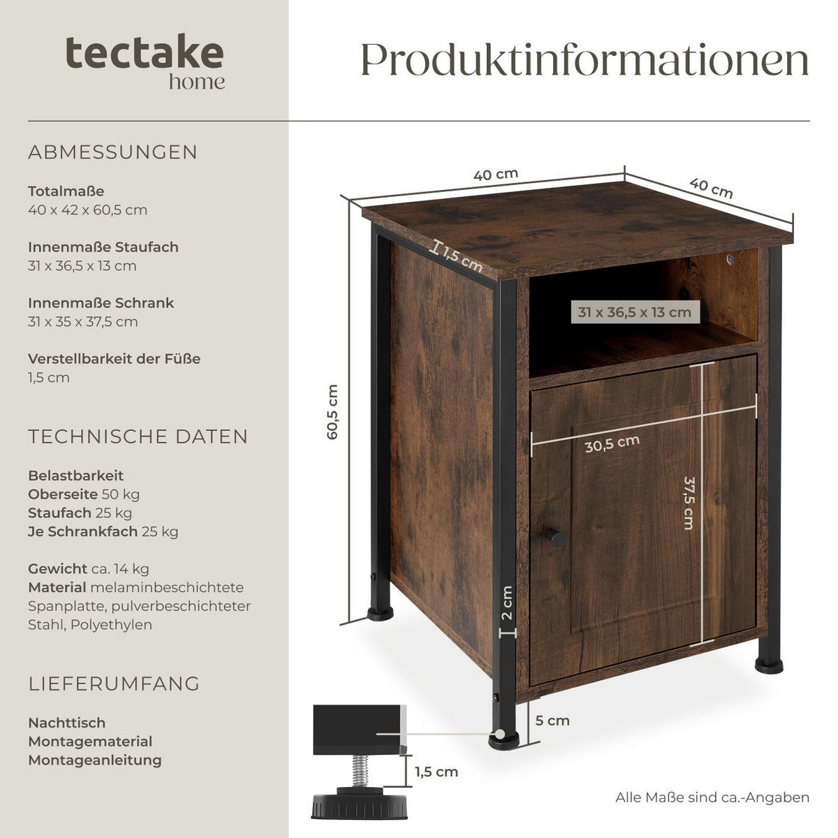 NACHTSCHRANK Blackburn,40 x 42 x 60,5 cm,Industrial Holz dunkel, rustikal - Rostfarben, Holzwerkstoff (40/60.5/42cm) - tectake