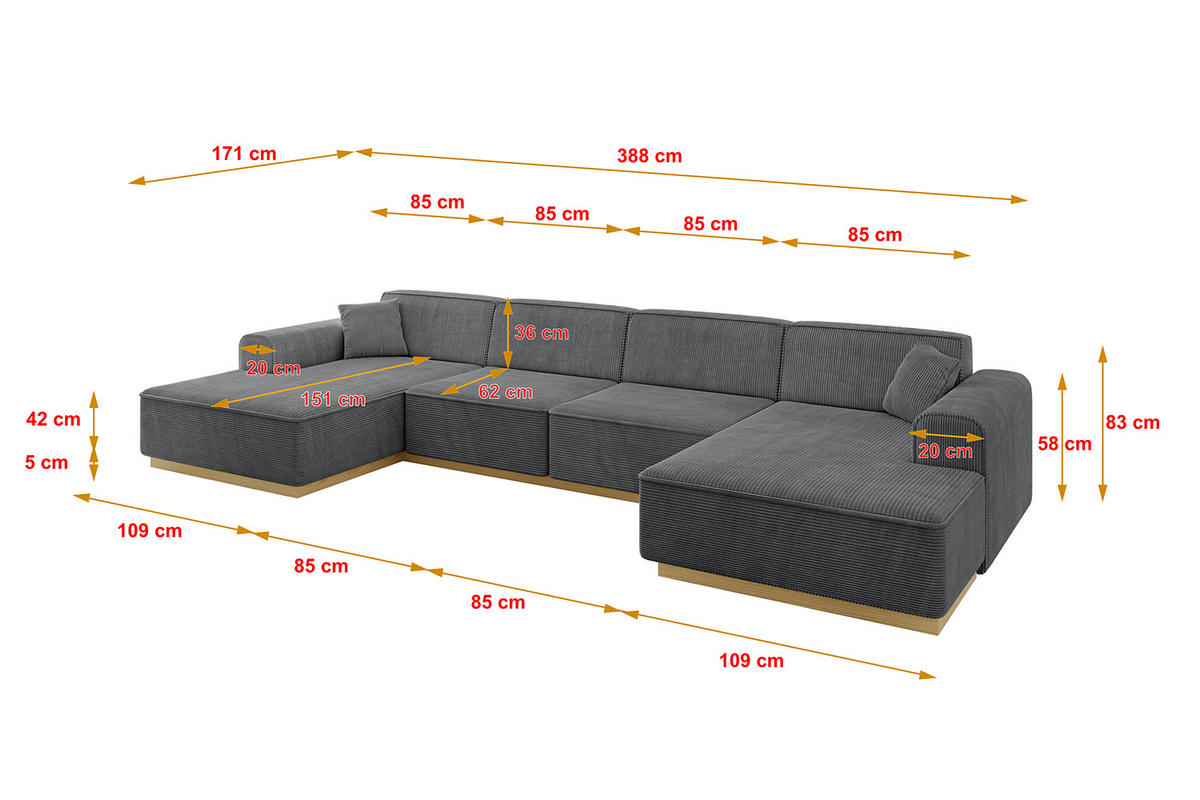 WOHNLANDSCHAFT IREA-U2-v2 - 388x171x83 cm Duneklgrau - Dunkelgrau, Holzwerkstoff/Textil (388/83/171cm) - ALTDECOR