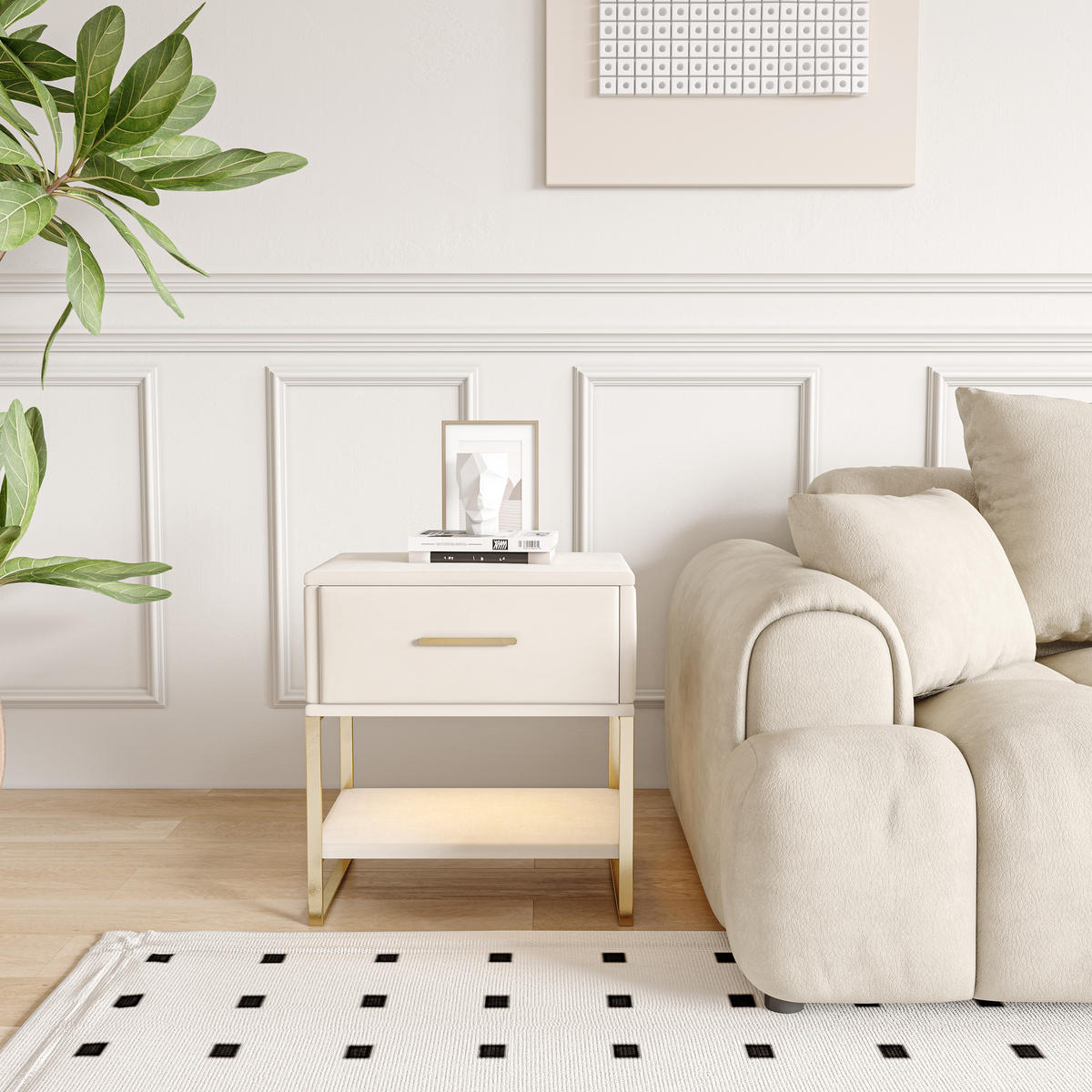 NACHTTISCH 2er Set Samt LED 1 Schublade beige - Beige, Holz (31/50/40cm) - LEBENLANG