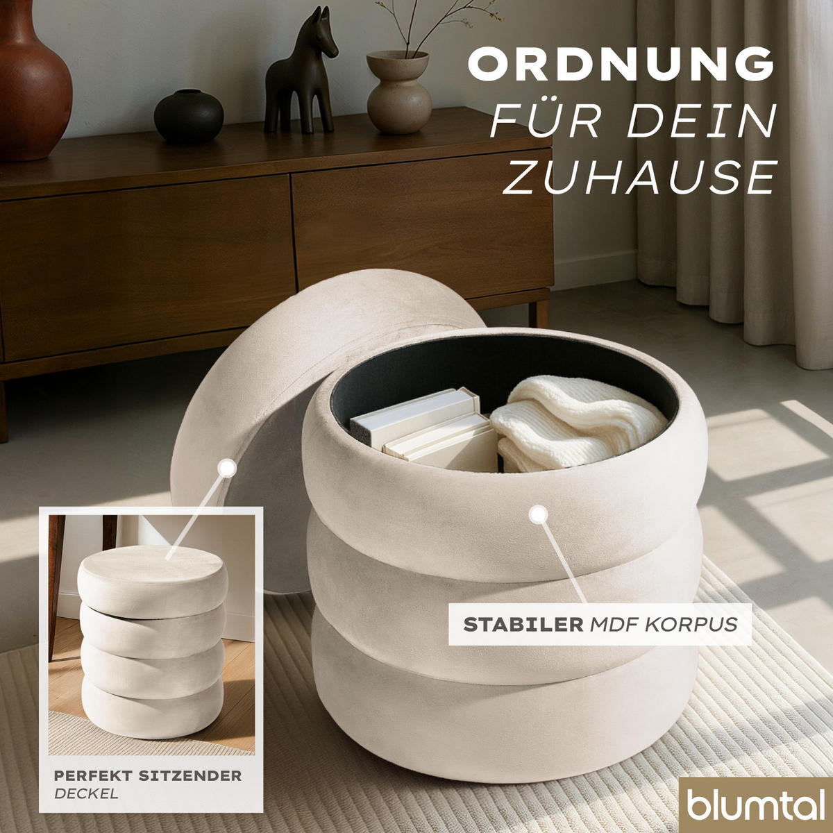 SAMTHOCKER mit Stauraum Rund – Samt Pouf Creme - Beige, Textil (42/47/42cm) - Blumtal