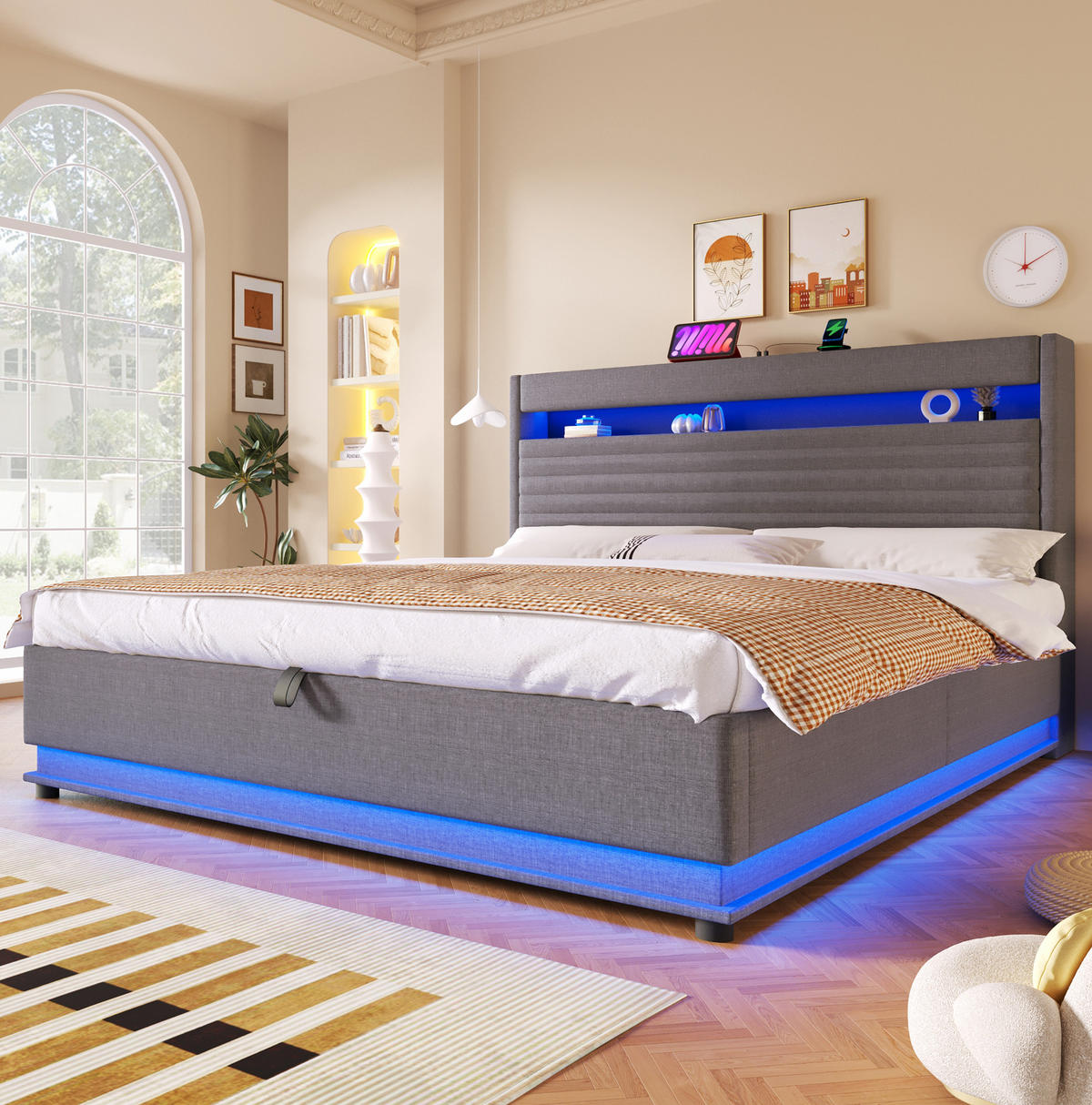 POLSTERBETT mit Stauraum 180x200 cm Leinen Grau mit LED und USB - Grau, Metall (180/200cm) - Meubliv