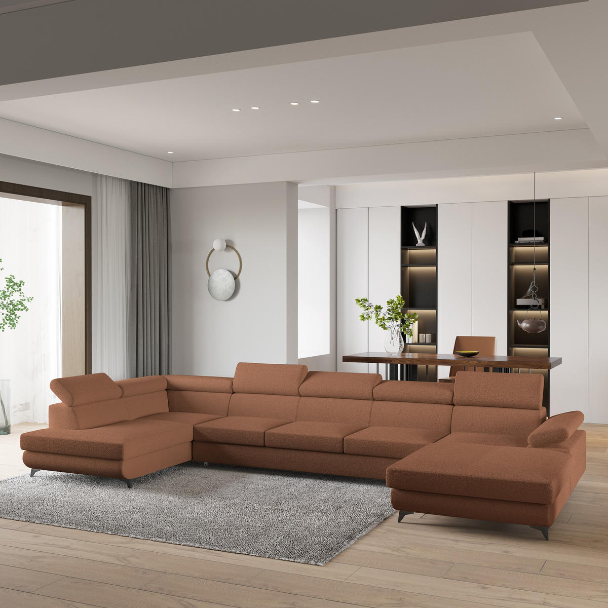 WOHNLANDSCHAFT MONTIVA Kupferfarben Boucle-Stoff mit Schlaffunktion - Kupferfarben, Holz (410/89/190cm) - MASSENO