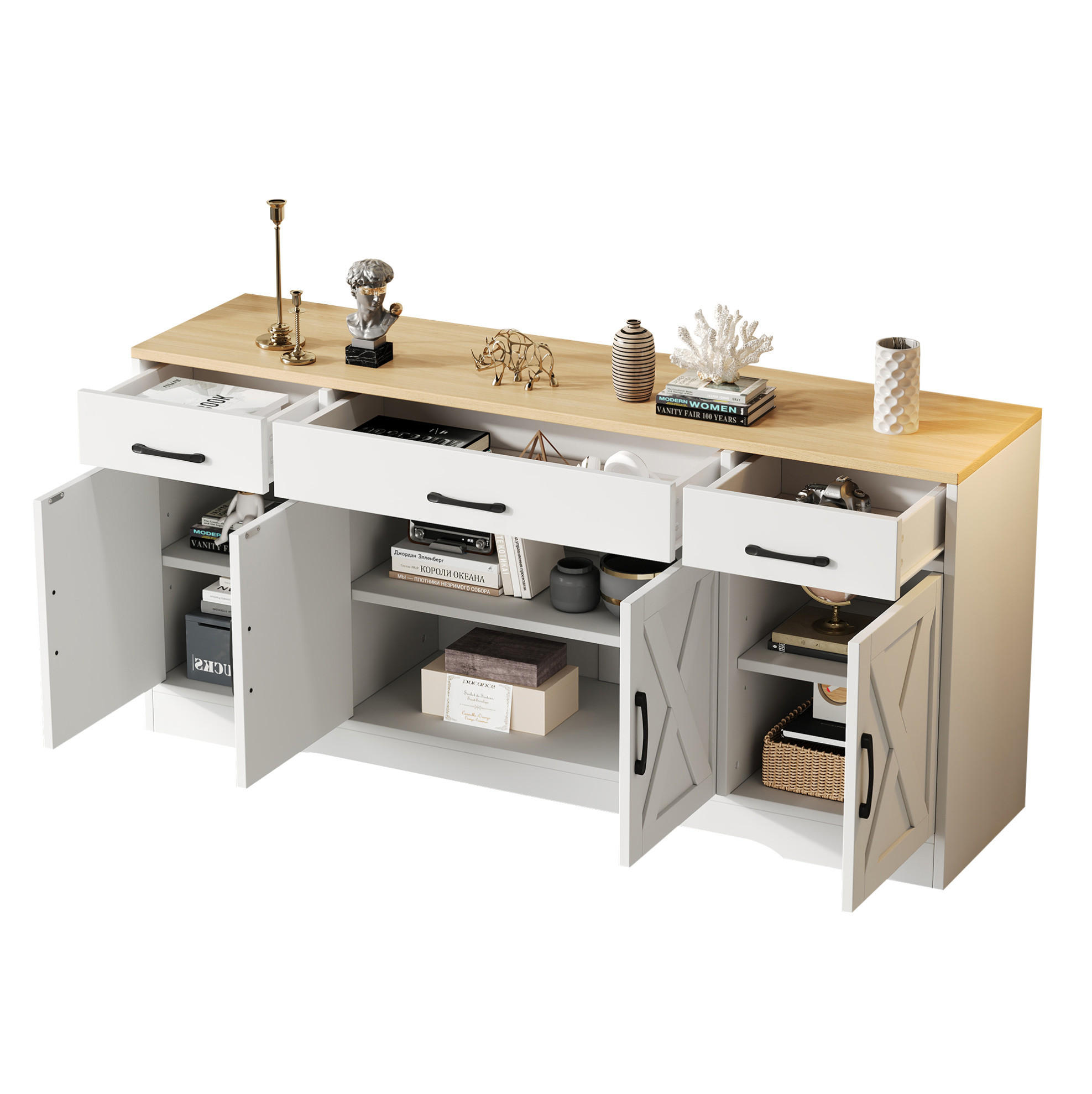 KOMODA 160/37/75 cm biela z MDF s doskou v drevenom dekore so 3 zásuvkami a 4 dvierkami - biela, kompozitné drevo (160/75/37cm) - OKWISH