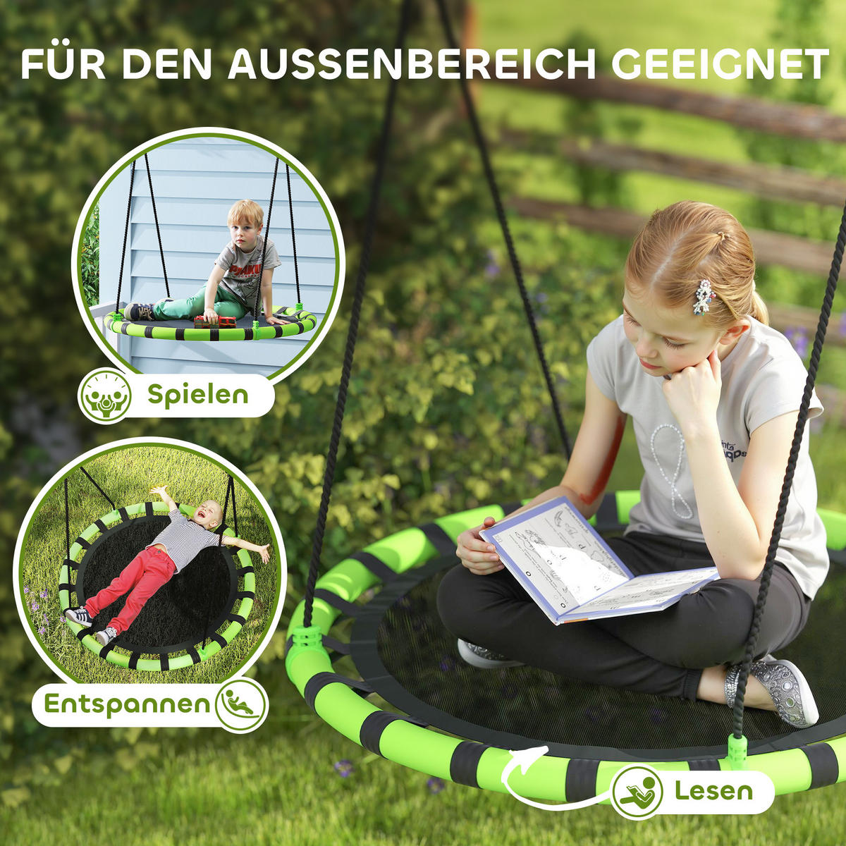 NESTSCHAUKEL Ø100 cm Tellerschaukel Verstellbar Kinderschaukel für 3-8 Jahre - Grün, Metall (100/100cm) - AIYAPLAY