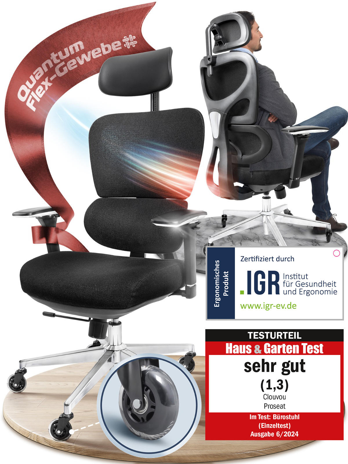 BÜROSTUHL ProSeat Schwarz - Silberfarben/Schwarz, Kunststoff/Textil (70/145/70cm) - Clouvou