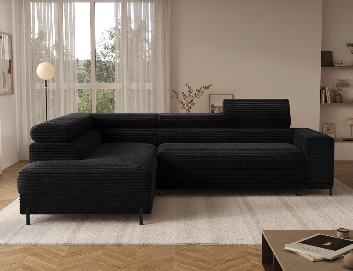 ECKSOFA COLESIO L-Form, Schlaffunktion, Bettkasten, verstellbare Kopfstützen, Wellenfederung, Metallfüße, breiter Cordstoff - Schwarz, Kunststoff/Metall (269/204cm) - Wohnideebilder