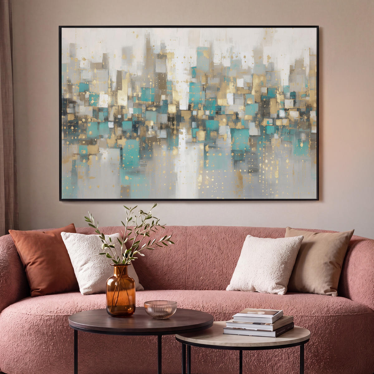 LEINWAND Bilder mit Rahmen - Abstrakt - Blöcke - Gold - Skyline - 150x100 - Beige, Textil (150/100cm) - MuchoWow