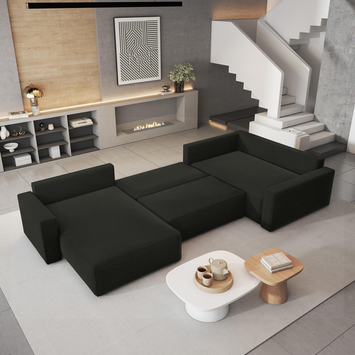 WOHNLANDSCHAFT VELAMI R-S Schwarz Velours-Stoff mit Schlaffunktion - Schwarz, Holz (365/83/194cm) - MASSENO