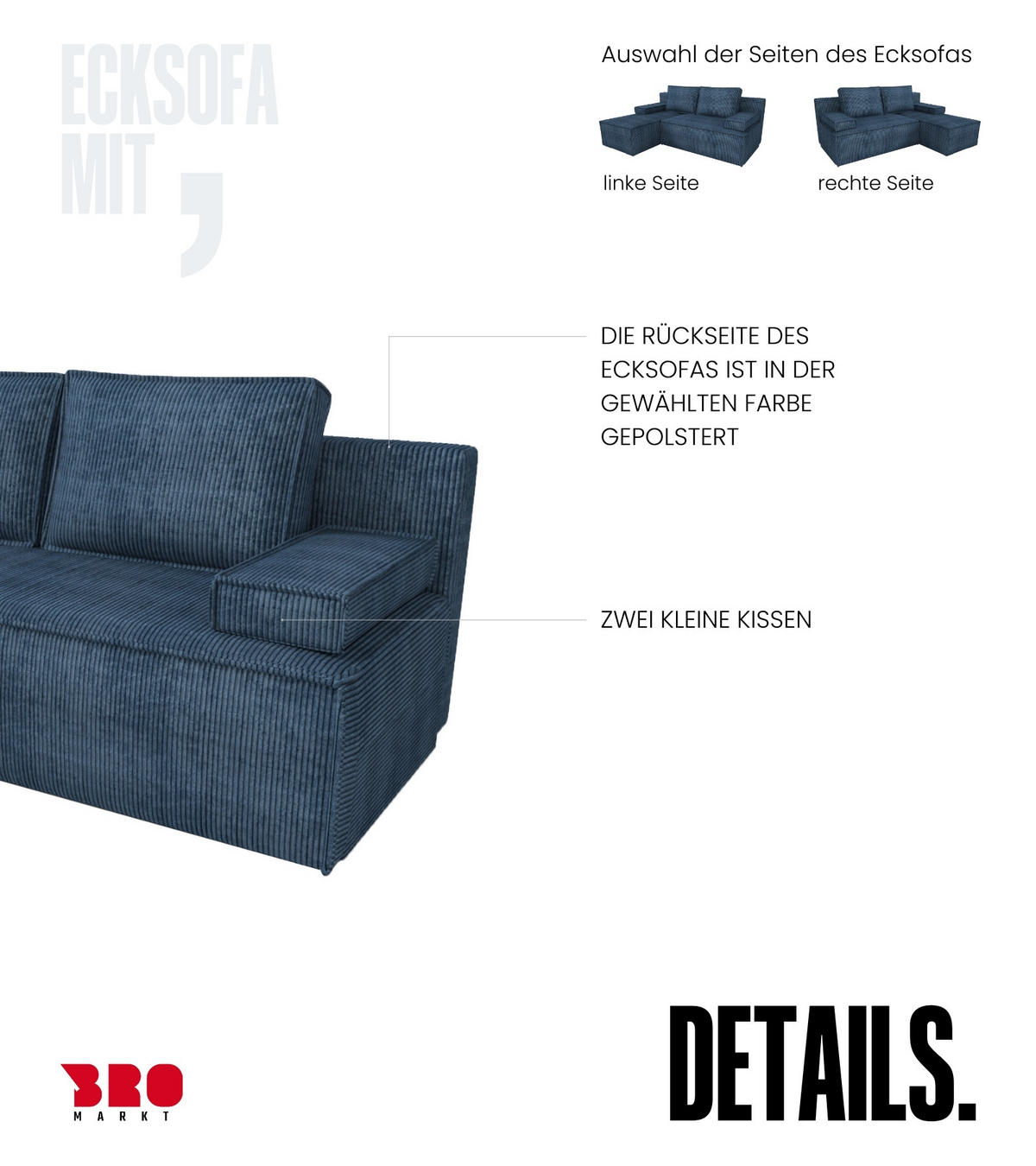 ECKSOFA Caspar mit Schlaffunktion Blau Cord - Blau, Textil (200/141cm) - Bromarkt