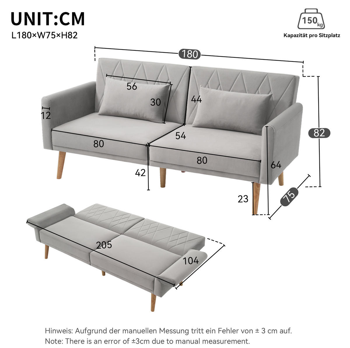 SCHLAFSOFA Zweisitzer mit verstellbaren Rückenlehnen aus Samt Grau 180/75/82 cm - Grau, Textil (180/82/75cm) - OKWISH