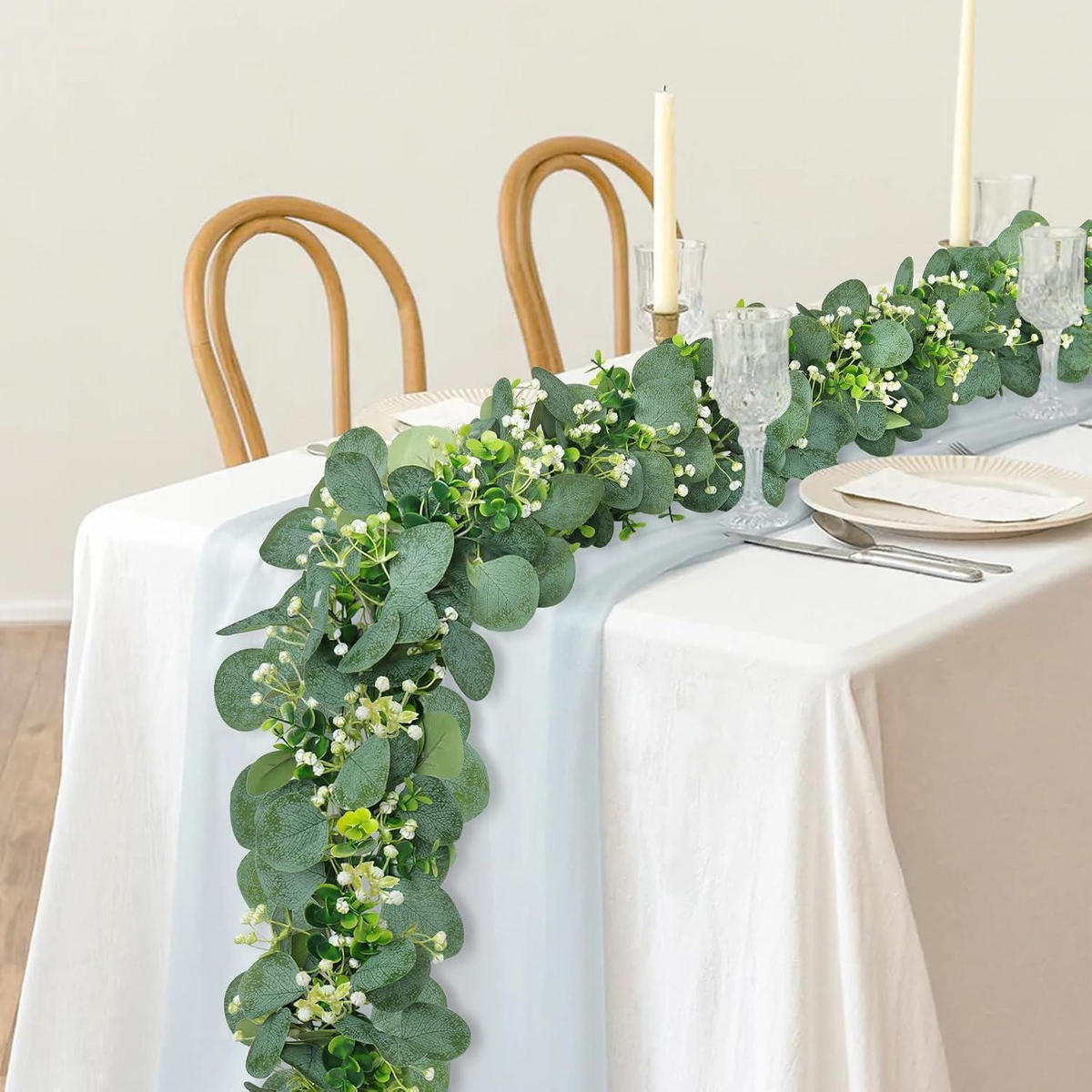 KÜNSTLICHE Eukalyptus Girlande mit weißen Blumen 2 Stück 180 cm - Grün, Kunststoff (5cm)