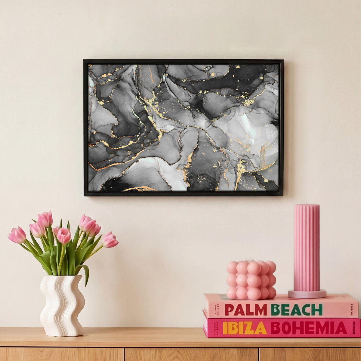 LEINWAND Bilder mit Rahmen - Grau - Luxus - Gold - Marmor - 30x20 - Dunkelgrau, Textil (30/20cm) - MuchoWow