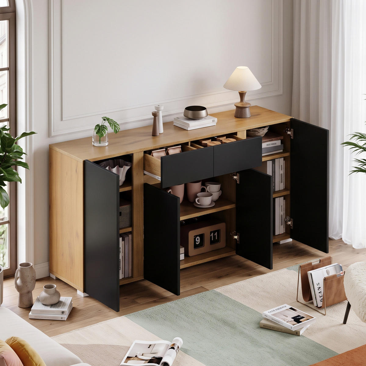SIDEBOARD Schwarz & Naturholz 140cm mit 4 Türen 2 Schubladen - Schwarz, Holzwerkstoff (140/70/35cm) - Urban Meuble