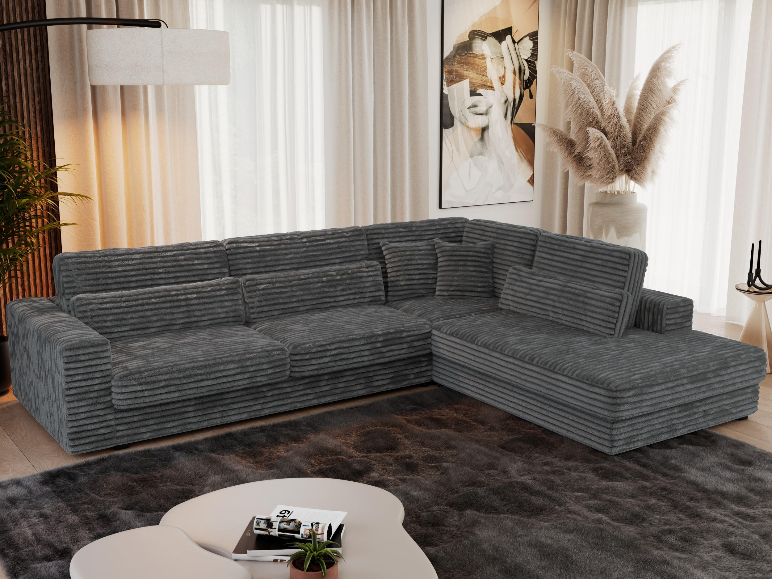 ECKSOFA Savona Dunkelgrau breiter Cord - rechts - Dunkelgrau/Schwarz, Kunststoff/Textil (249/316cm) - MKS