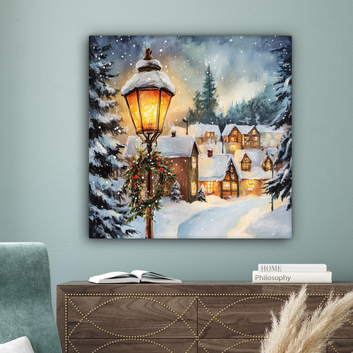 LEINWANDBILD Weihnachtsdorf - Häuser - Schnee - Weihnachten 90x90 cm - Sandfarben, Textil (90/90cm) - MuchoWow