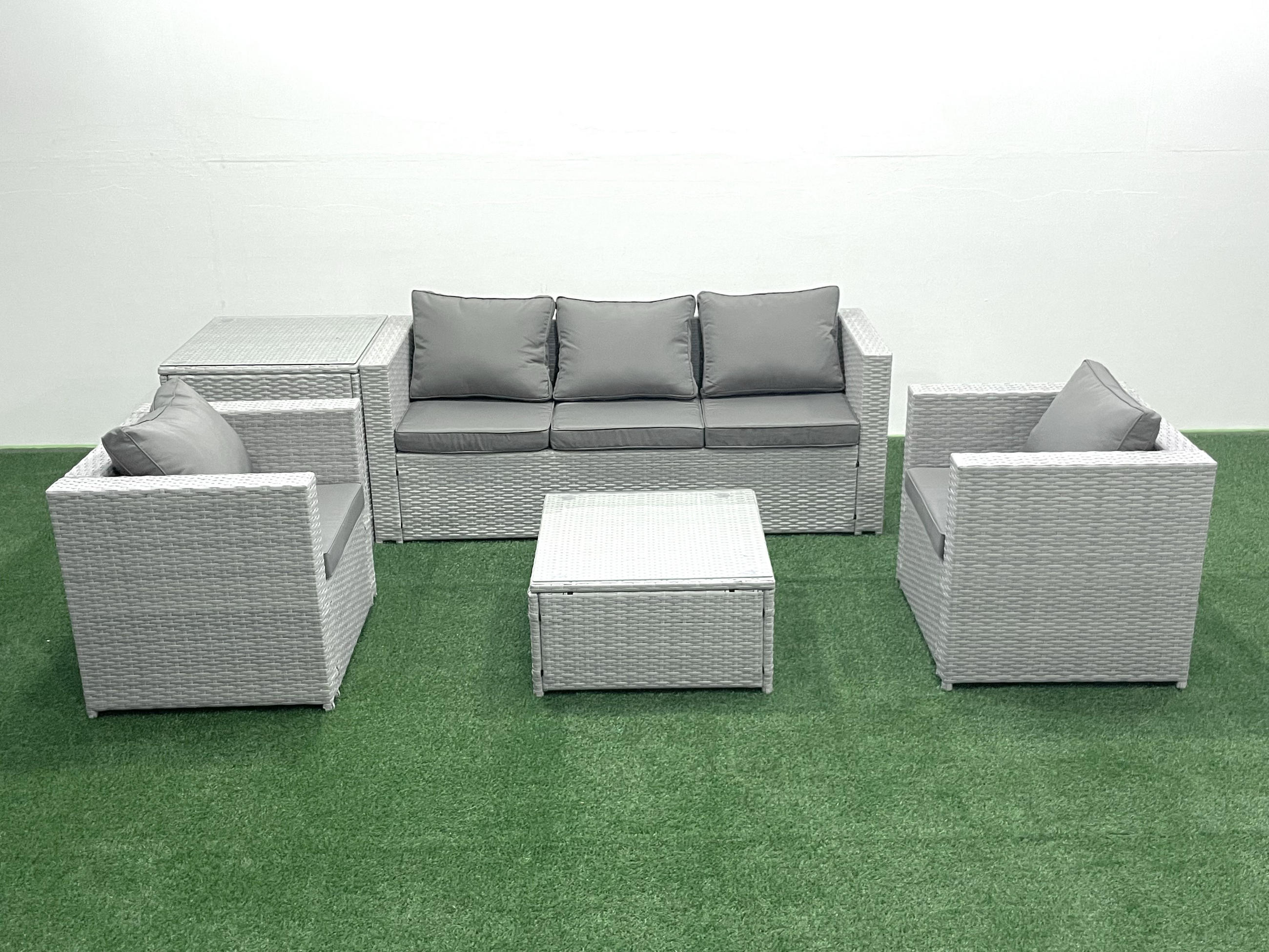 GARTENMÖBEL-SET mit Kissen Polyrattan Hellgrau-Mix 5-Sitzer - Hellgrau/Grau, Glas/Kunststoff - Fimous