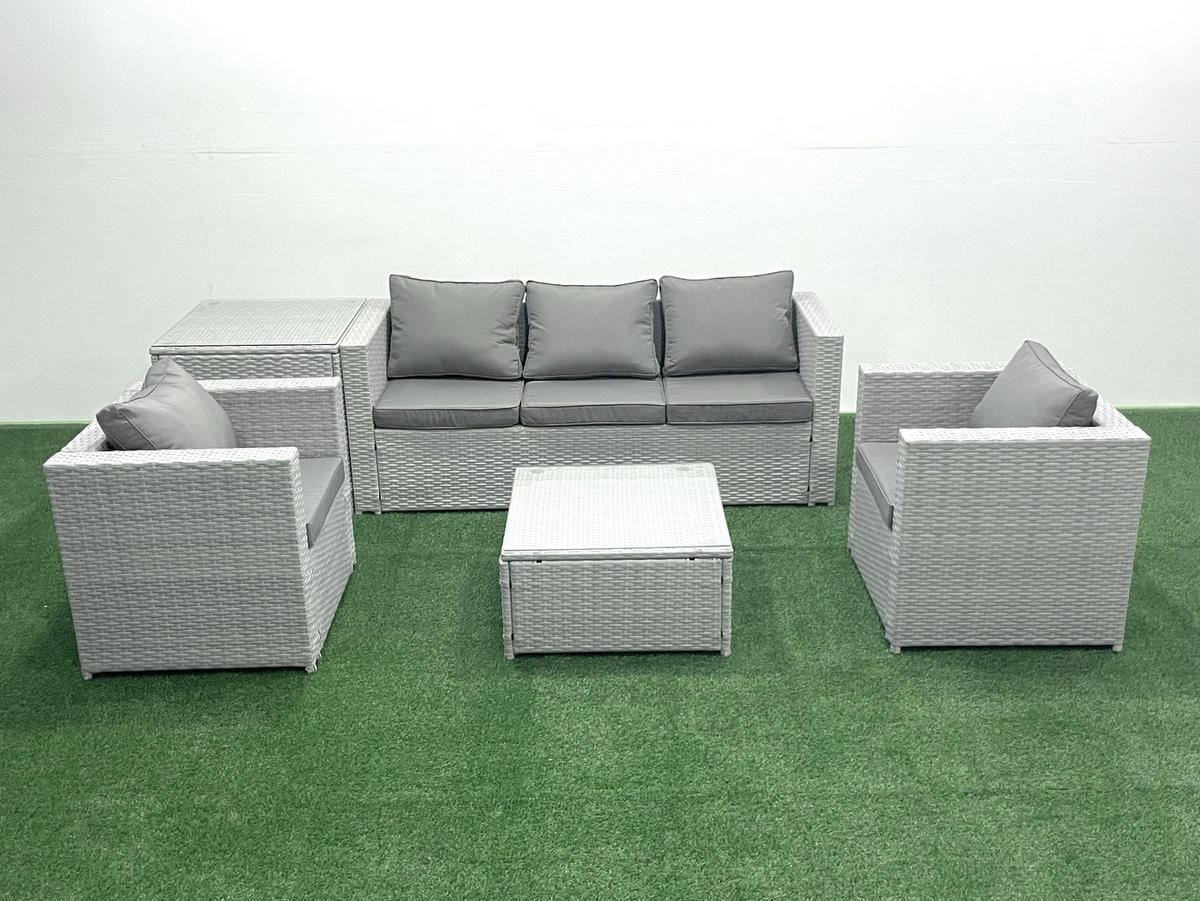 GARTENMÖBEL-SET mit Kissen Polyrattan Hellgrau-Mix 5-Sitzer - Hellgrau/Grau, Glas/Kunststoff - Fimous