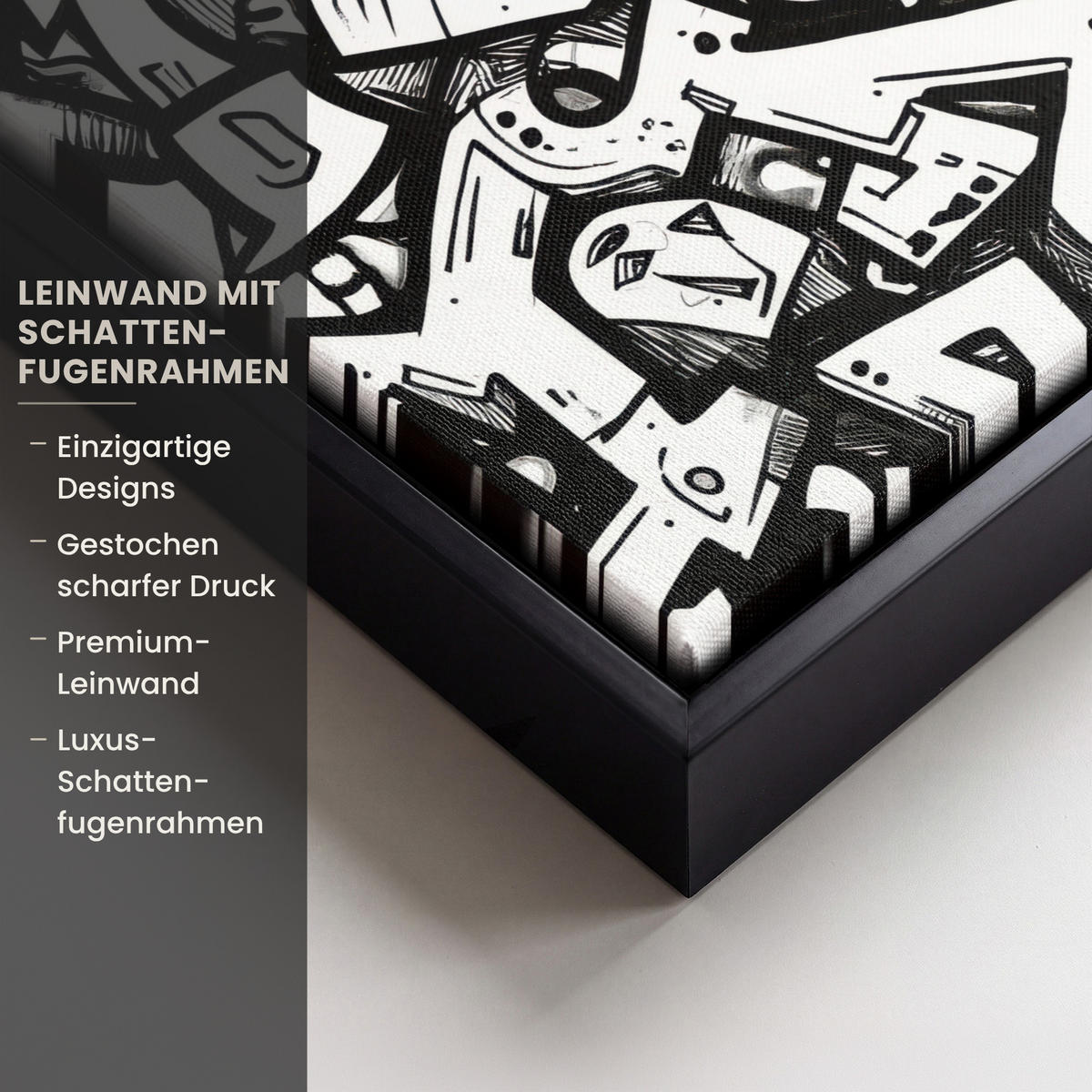 LEINWAND Bilder mit Rahmen - Formen - Buchstaben - Graffiti - Schwarz - 40x30 - Schwarz, Textil (40/30cm) - MuchoWow