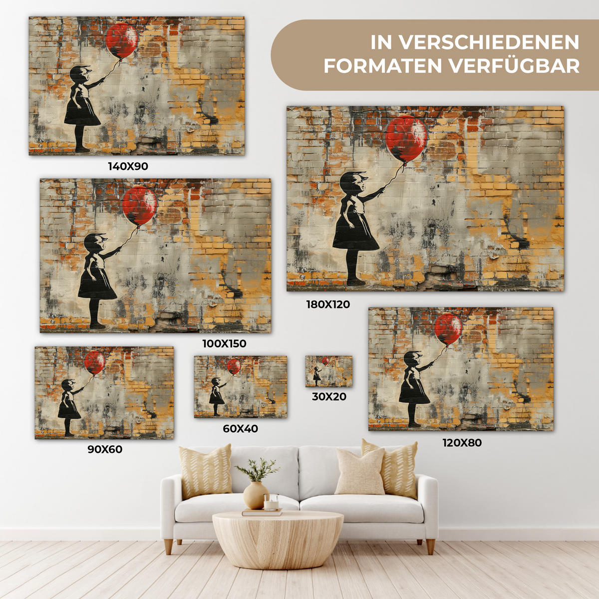 LEINWANDBILD Graffiti - Banksy - Mädchen - Straßenkunst Groß 140x90 cm - Sandfarben, Textil (140/90cm) - MuchoWow