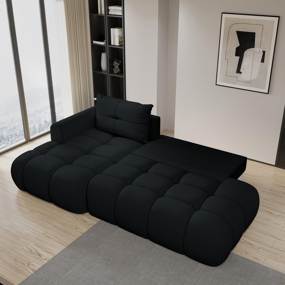 ECKSOFA FLUMA L-S Schwarz Boucle-Stoff mit Schlaffunktion - Schwarz, Holz (274/165cm) - MASSENO