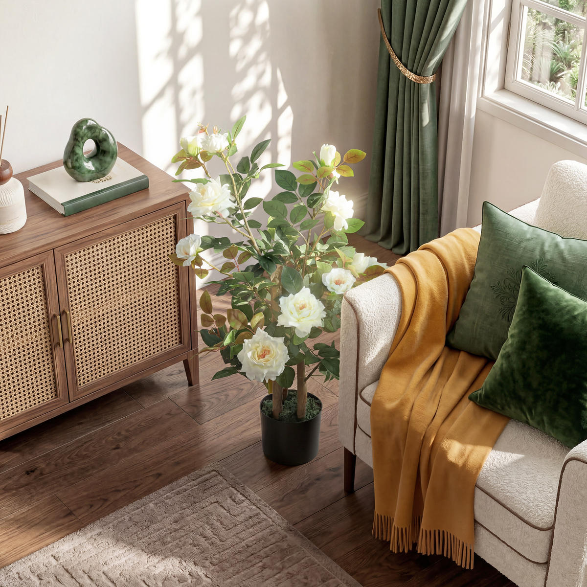 KÜNSTLICHER-ROSENBAUM Seidenstoff PE Weiß - Weiß, Holz/Textil (90cm) - HOMCOM