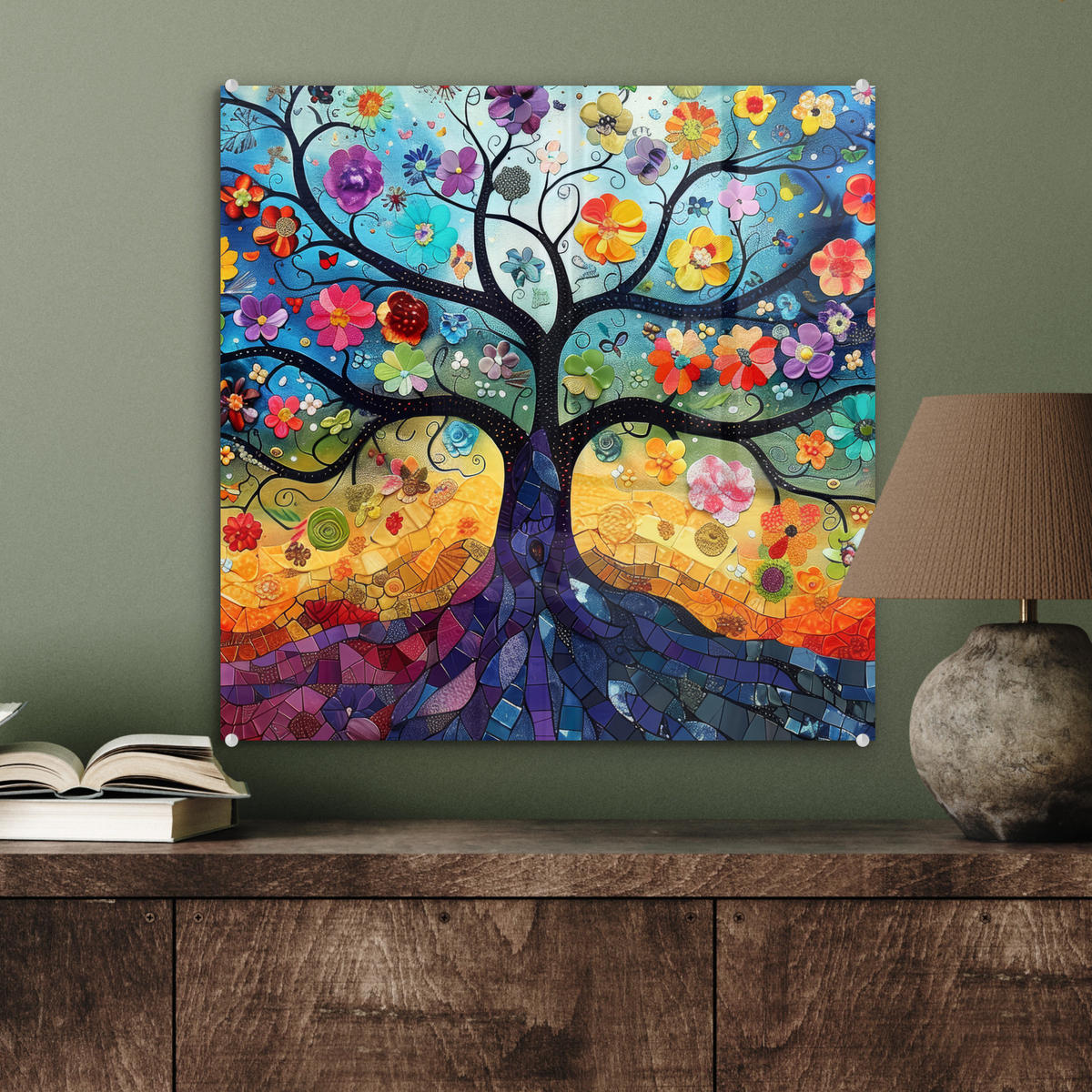 OBRAZ NA AKRYLOVOM SKLE Umenie - Strom života - Kvety - Hippie 50x50 cm - tmavomodrá, sklo (50/50cm) - MuchoWow