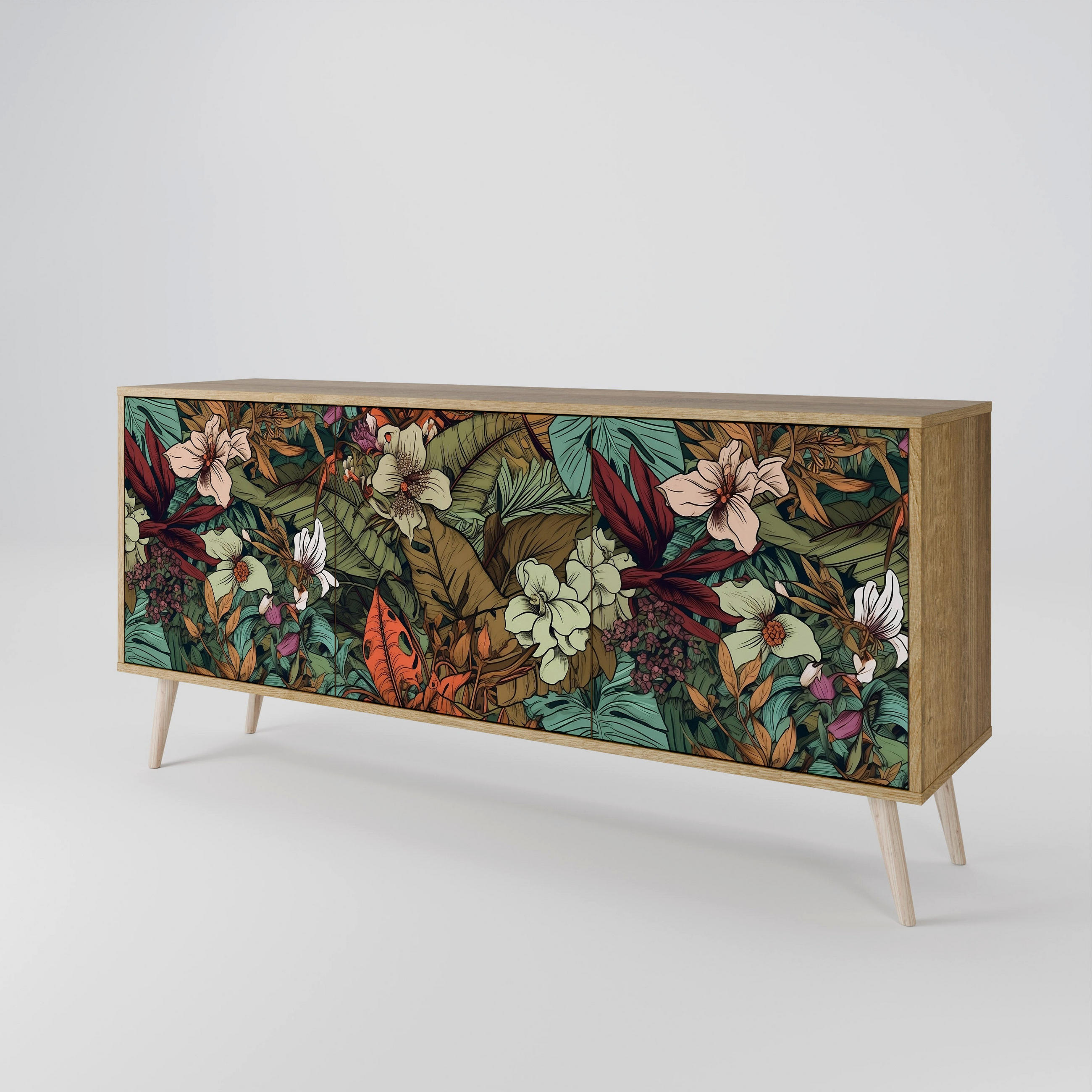 SIDEBOARD BOTANICAL EMERGENCE, Eicheneffekt, 164,5x42x77,5 cm, 3 Türen - Eichefarben/Buchefarben, Holzwerkstoff/Buchenholz (164.5/77.5/42cm) - SpaceRebels