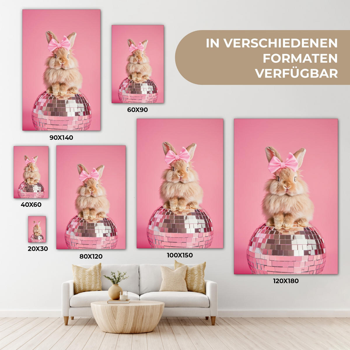 LEINWANDBILD Schleife - Discoball - Kaninchen Deko Groß 90x140 cm - Pink, Textil (90/140cm) - MuchoWow