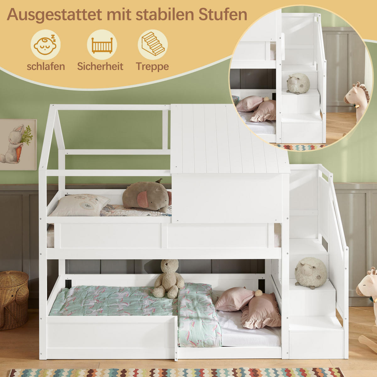 ETAGENBETT aus Massivholz 80x200 cm Weiß mit Treppe, Dachdesign und Sicherheitsgeländer - Weiß, Holz (80/200cm) - Modfu