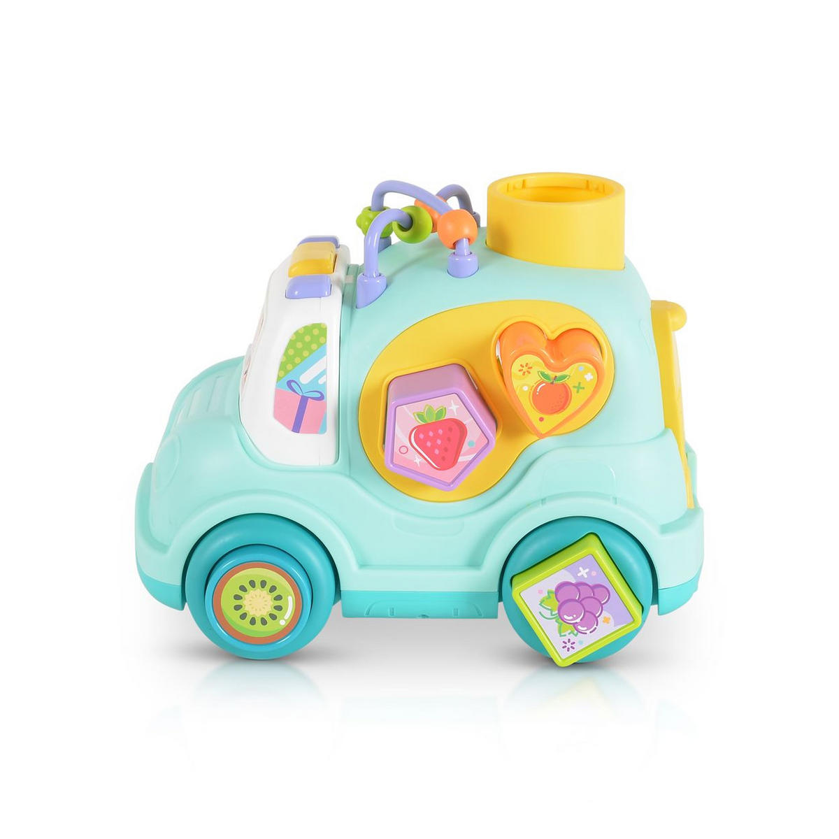 SORTIERSPIEL Auto Musik Licht blau 4 Formen, Hammer, Motorikschleife, 3 Bälle, ab 18 Monaten, Stauraum - Blau, Kunststoff (24/15/14cm) - Moni