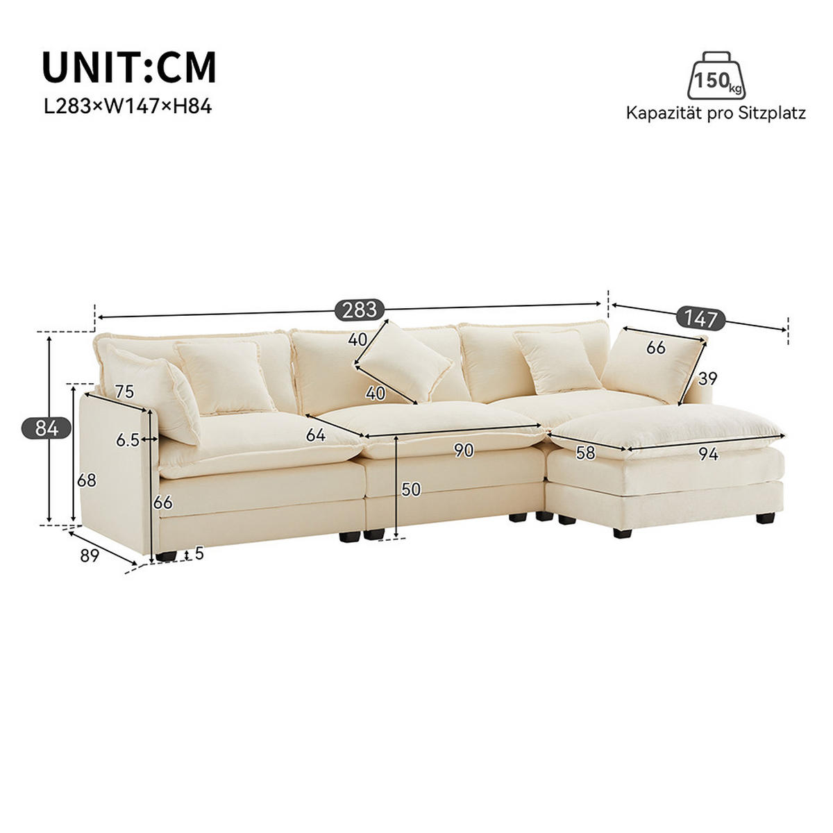 ECKSOFA in Beige Chenille-Stoff mit Fußstütze - Beige, Kunststoff/Textil (147/283cm) - KOMHTOM