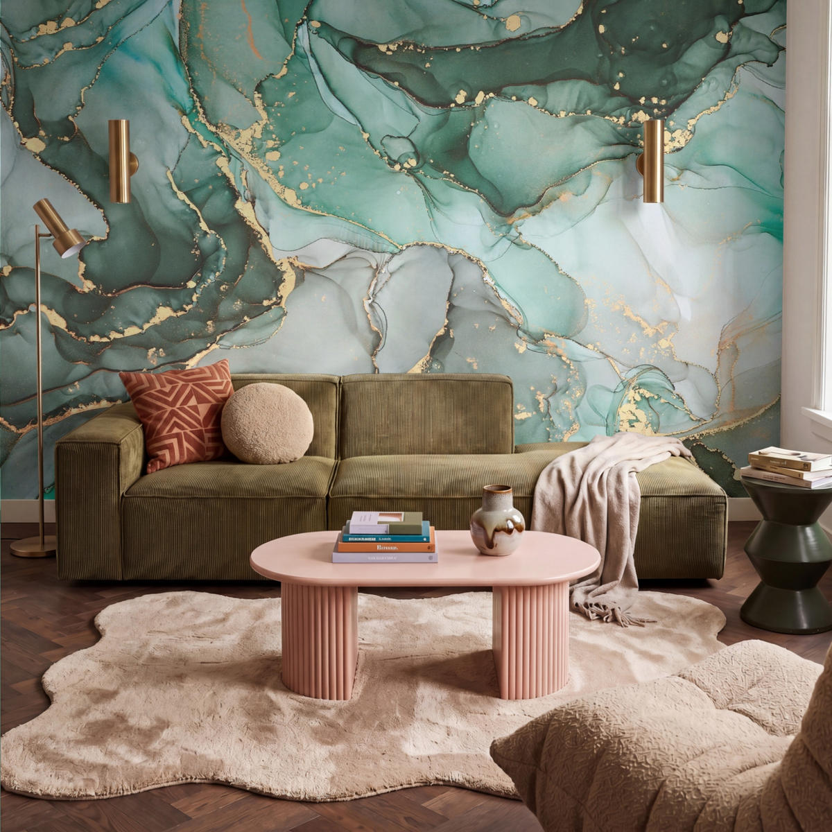 TAPETE - Gold - Marmor - Grün - Luxus - Marmoroptik - Grau - 350x240 cm - Grün, Papier (350/240cm) - OnlyWow