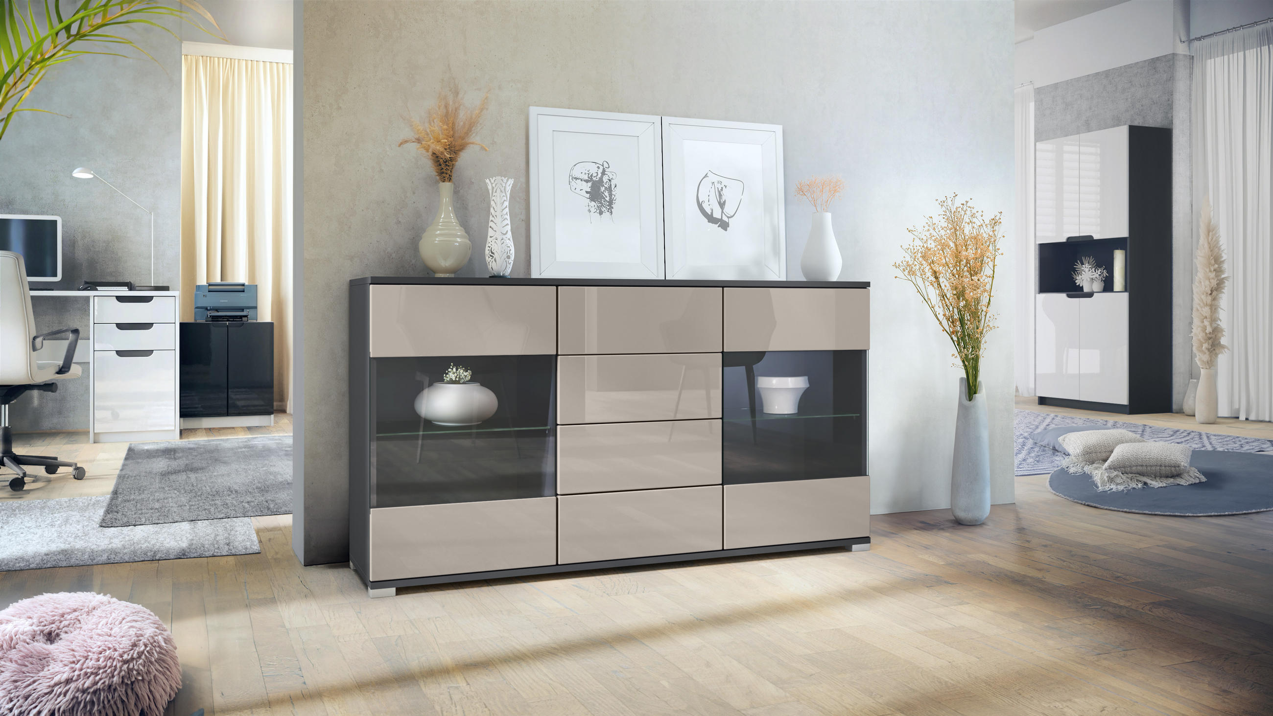 SIDEBOARD Bari Sandgrau Hochglanz - Sandfarben, Holzwerkstoff (138.5/75.5/35cm) - Vladon