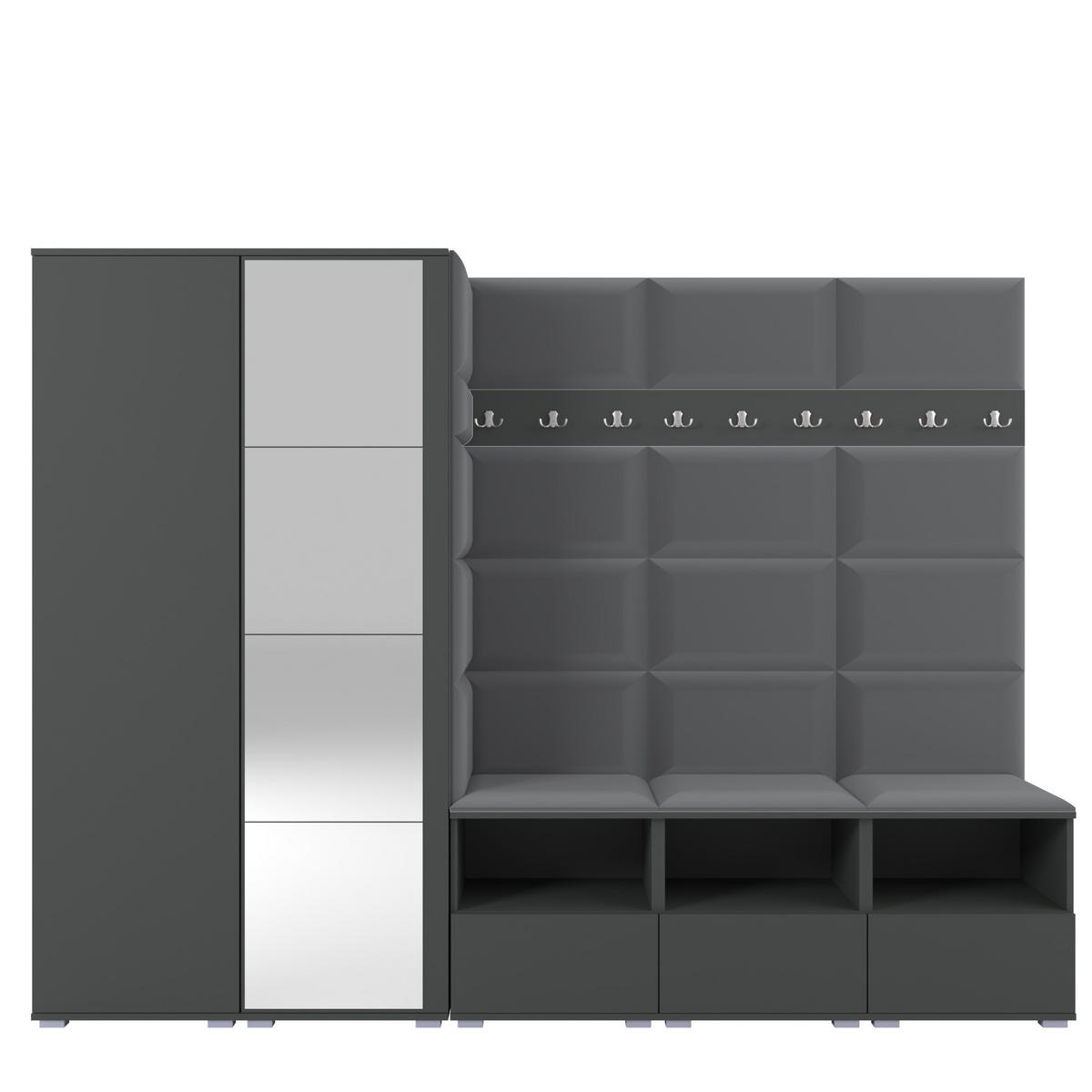 GARDEROBE NELA VII 250 cm (Modulare Flurmöbel XL Graphit mit Spiegel & Sitzpolster Dunkelgrau 15 Universell) - Dunkelgrau/Silberfarben, Holz/Holzwerkstoff (250/187/40cm) - Ravio