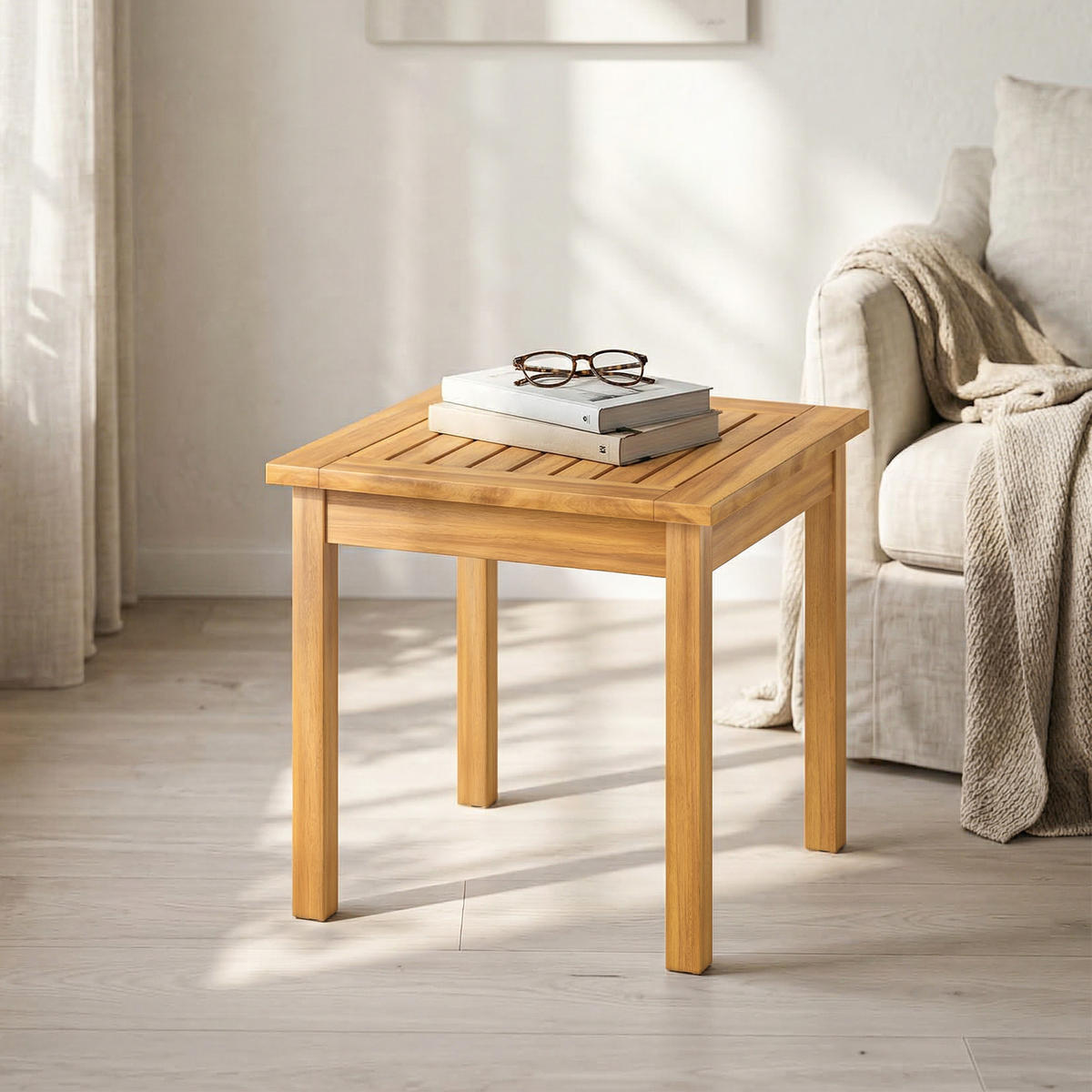 BEISTELLTISCH DE-07336 quadratisch mit Lamellendesign und verstellbaren Füßen Natur - Naturfarben, Holz (48/48/46cm) - ComfortXL