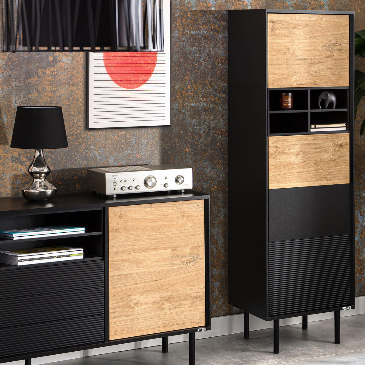 REGAL LOFTY Kreuzeinlage, schwarz / Eiche natur - Eichefarben/Schwarz, Holzwerkstoff (52/174/41cm) - KONSIMO®