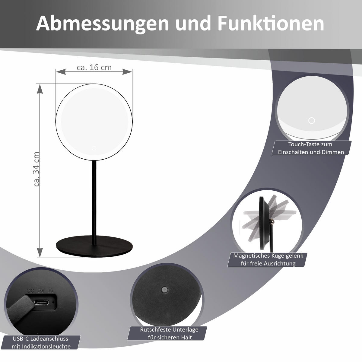 LED-KOSMETIKSPIEGEL - 5-fach Vergrößerung, 3 Lichtfarben und stufenlos dimmbar mit Touch-Bedienung, schwarz - Schwarz, Metall (16/34/16cm) - Northpoint