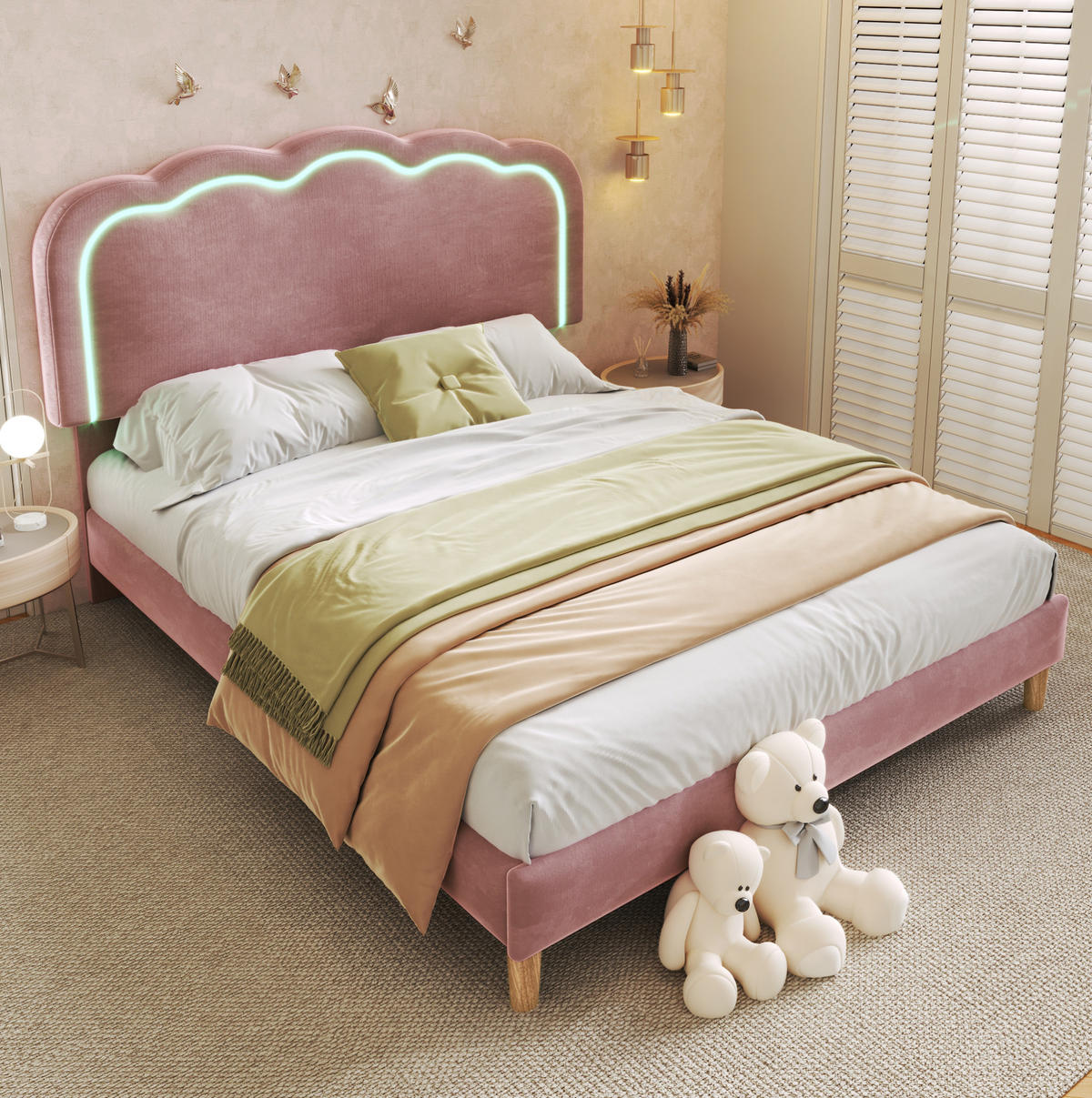 POLSTERBETT mit LED-Kopfteil 140x200 cm Samt Pink - Pink, Metall (140/200cm) - Meubliv