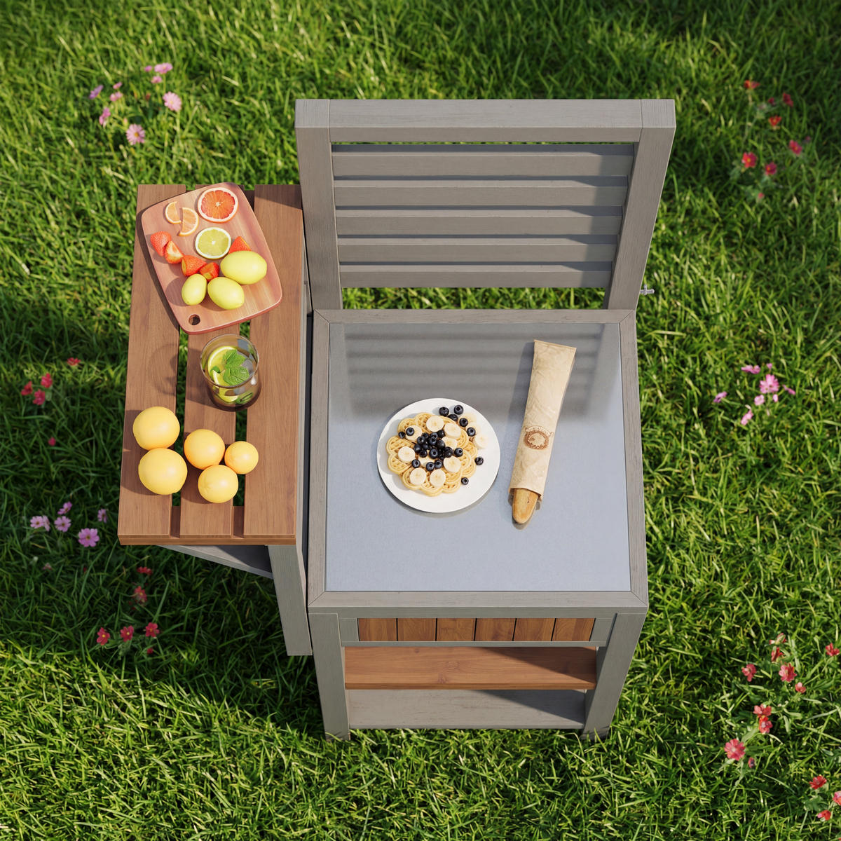 GARTENSCHRANK Holz Edelstahl Outdoor Grillstation Stauraum - Naturfarben, Holz (54/149/74cm) - FLIEKS