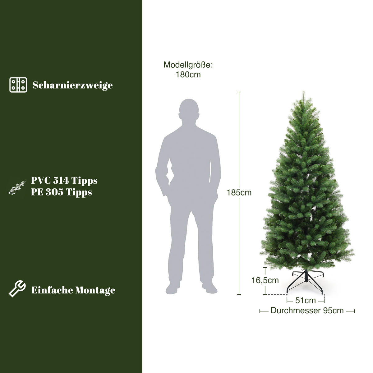 KÜNSTLICHER Weihnachtsbaum 185 cm,Fichten-Optik 819 PE-/PVC-Spitzen - Grün, Kunststoff (95/185cm) - Hometopia