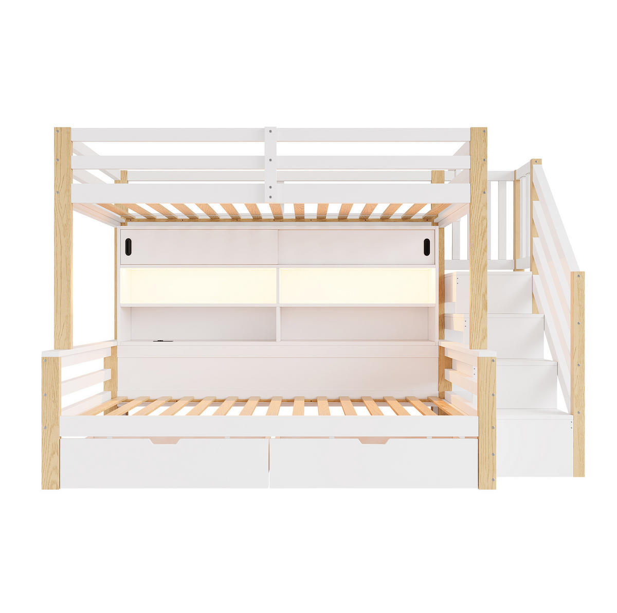 ETAGENBETT aus Kiefernholz 90x200 cm Weiß mit Stauraumtreppe, LED-Leiste und USB-Anschluss - Weiß, Holz (90/200cm) - Modfu
