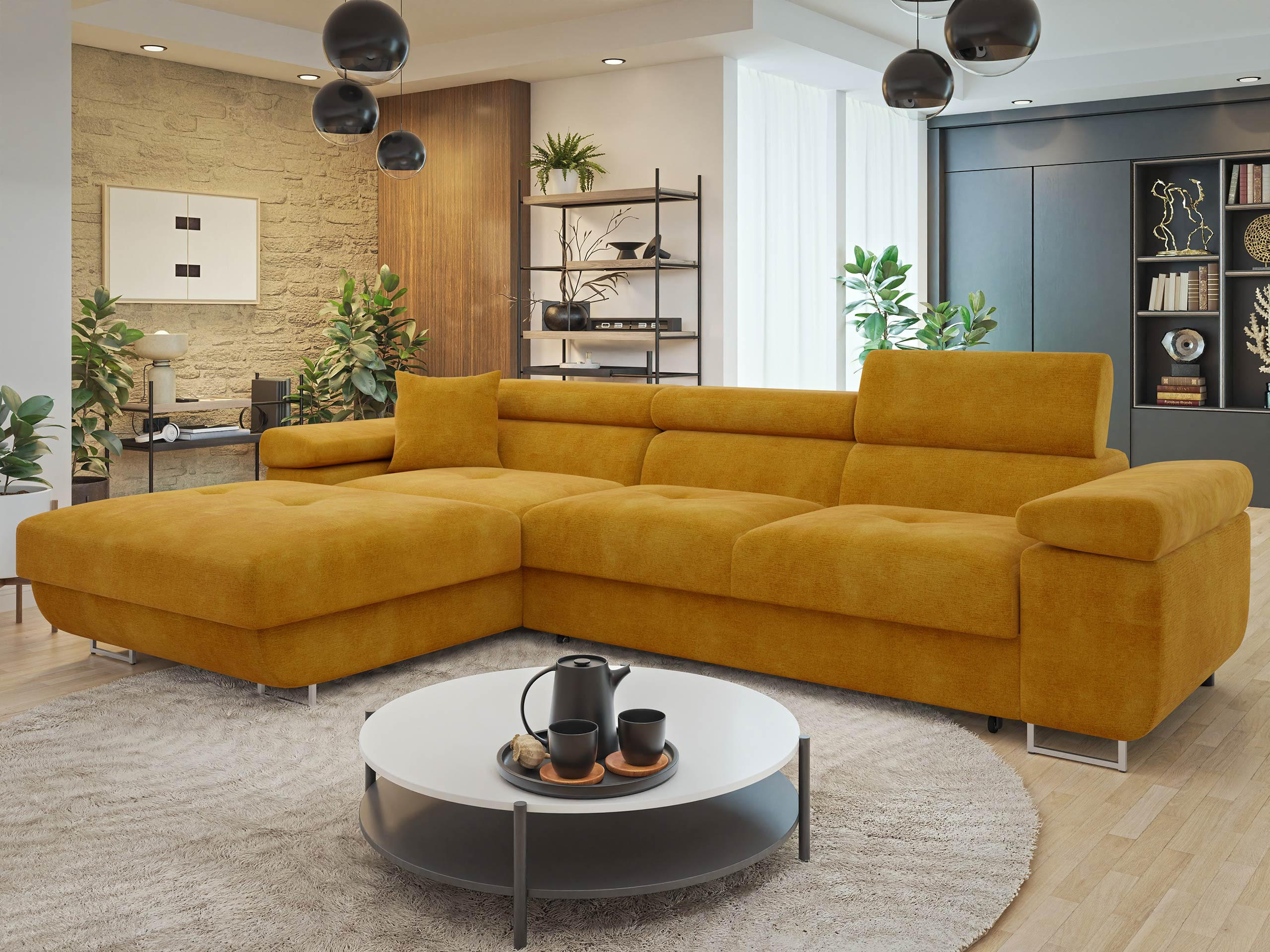 ECKSOFA Torezio Mini, Seite: Links - Currygelb, Holz/Textil (280/170cm) - MIRJAN24