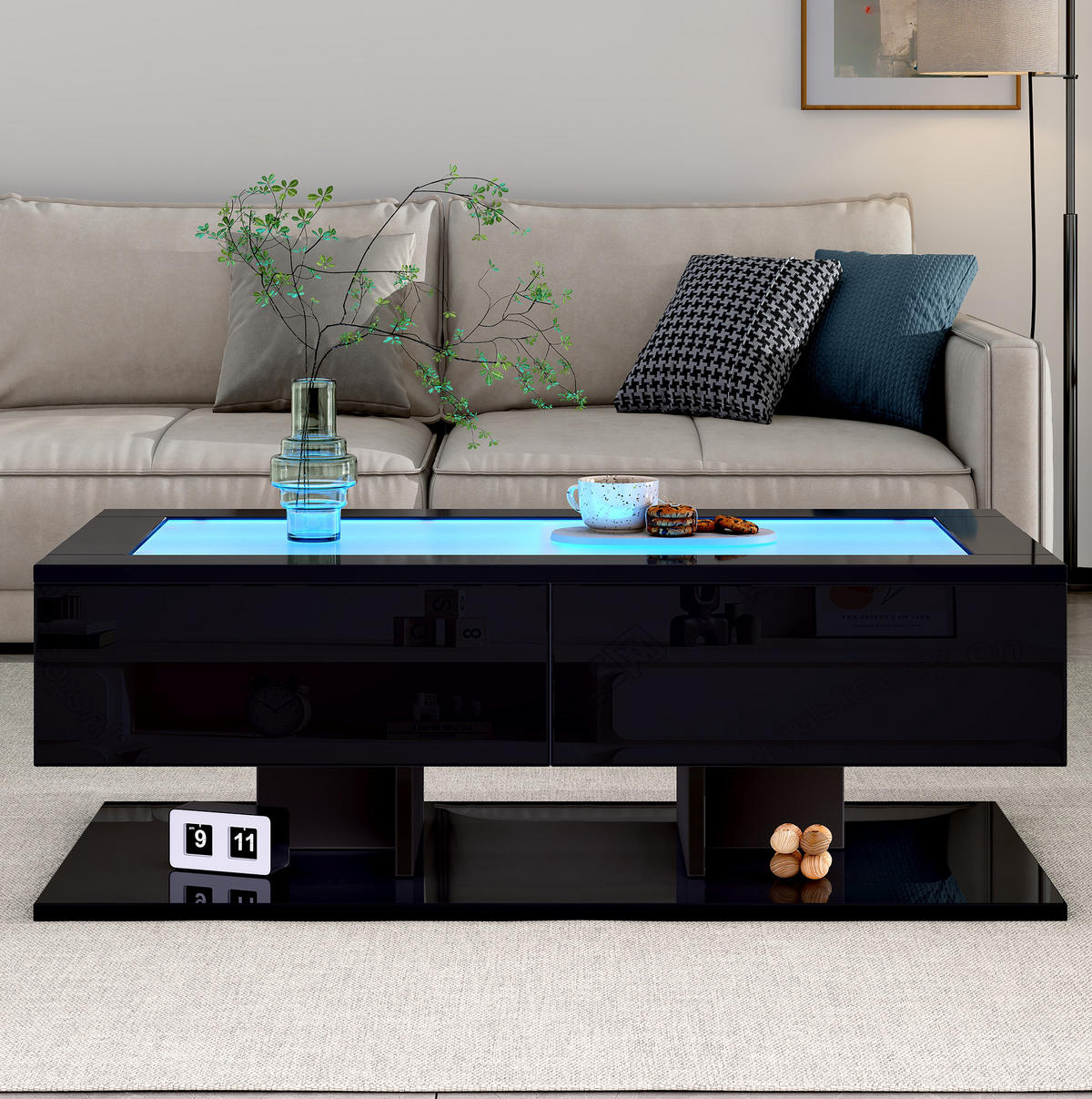 COUCHTISCH 100/50/35 cm mit 2 Schubladen, Glasplatte und LED-Beleuchtung in Hochglanz, Schwarz - Schwarz, Holzwerkstoff (100/50/35cm) - Redom