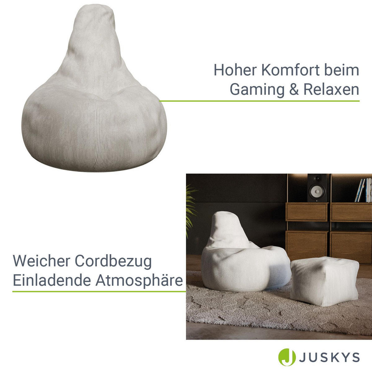 SITZSACK Chillex mit Hocker XL Cord beige - Beige, Textil (83/103/78cm) - Juskys